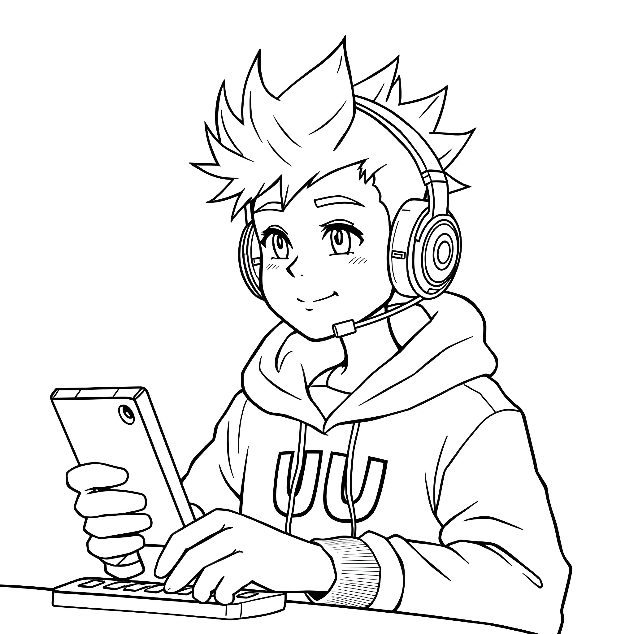 Gamer in casual outfit enjoys playing video game Coloring Page (free black-and-white line drawing printable PDF for all, from beginners to advanced learners, including children, teens, adults, and seniors)