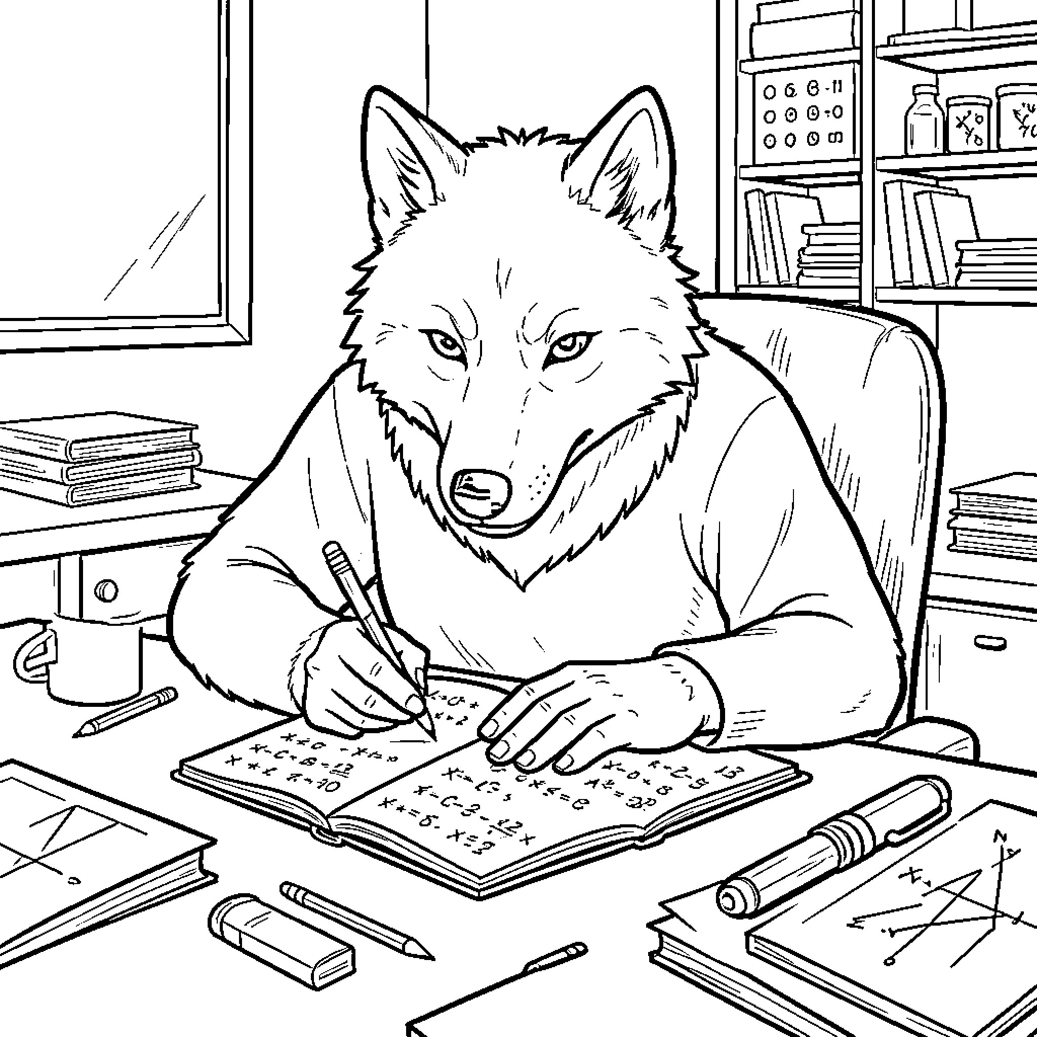 Wolfo concentrating intensely while solving math problems Coloring Page (free black-and-white line drawing printable PDF for all, from beginners to advanced learners, including children, teens, adults, and seniors)