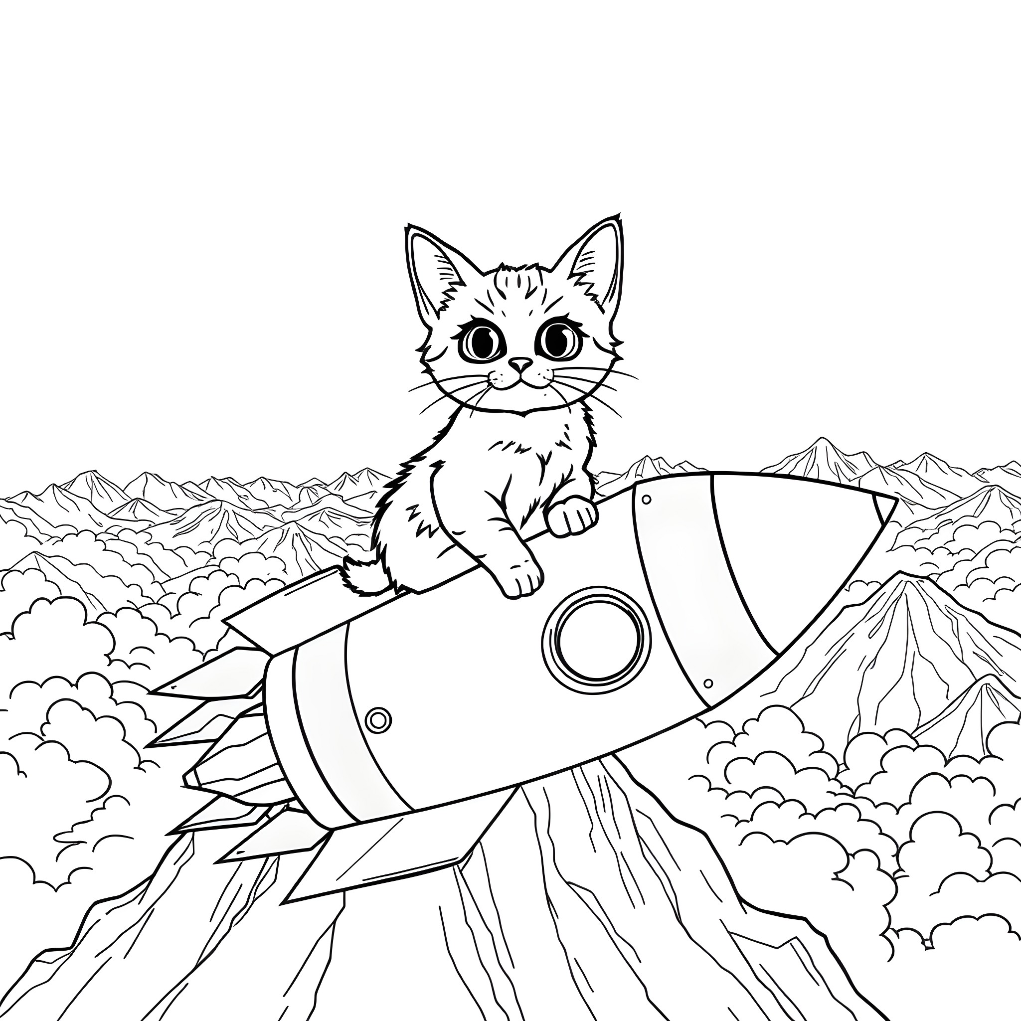 Cat riding on a rocket in outer space Coloring Page (free black-and-white line drawing printable PDF for all, from beginners to advanced learners, including children, teens, adults, and seniors)