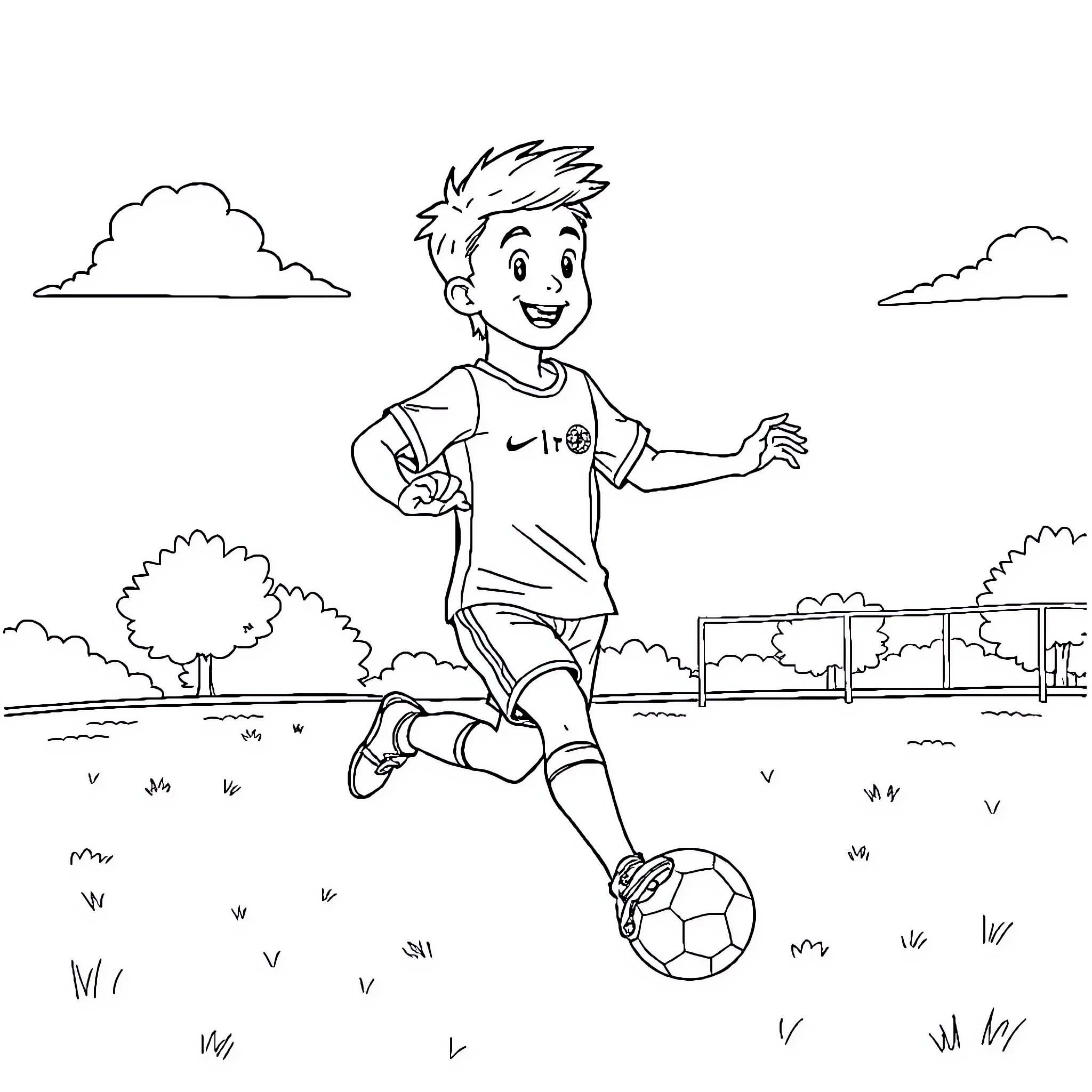 Capitaine Tsubasa playing soccer in the park Coloring Page (free black-and-white line drawing printable PDF for all, from beginners to advanced learners, including children, teens, adults, and seniors)