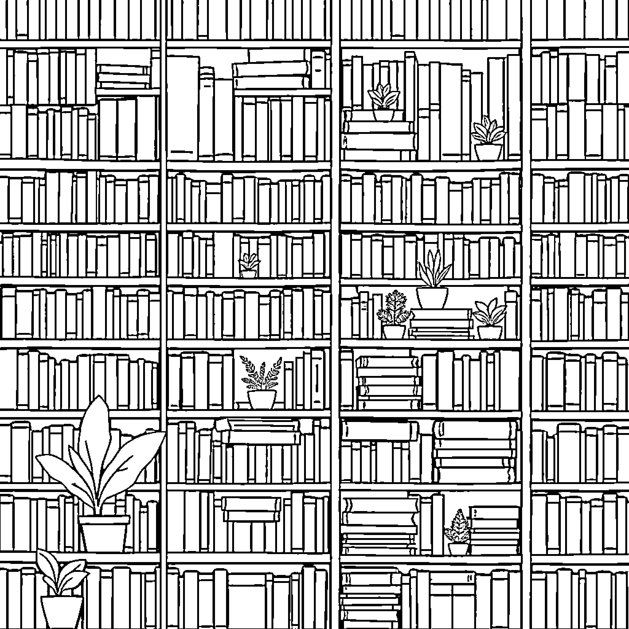 Bookshelf with Various Books and Potted Plants Coloring Page (free black-and-white line drawing printable PDF for all, from beginners to advanced learners, including children, teens, adults, and seniors)