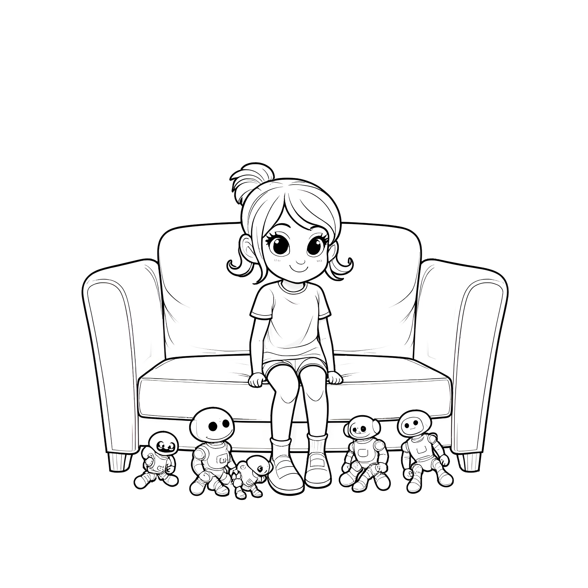 Girl sitting on couch with her stuffed toys Coloring Page (free black-and-white line drawing printable PDF for all, from beginners to advanced learners, including children, teens, adults, and seniors)