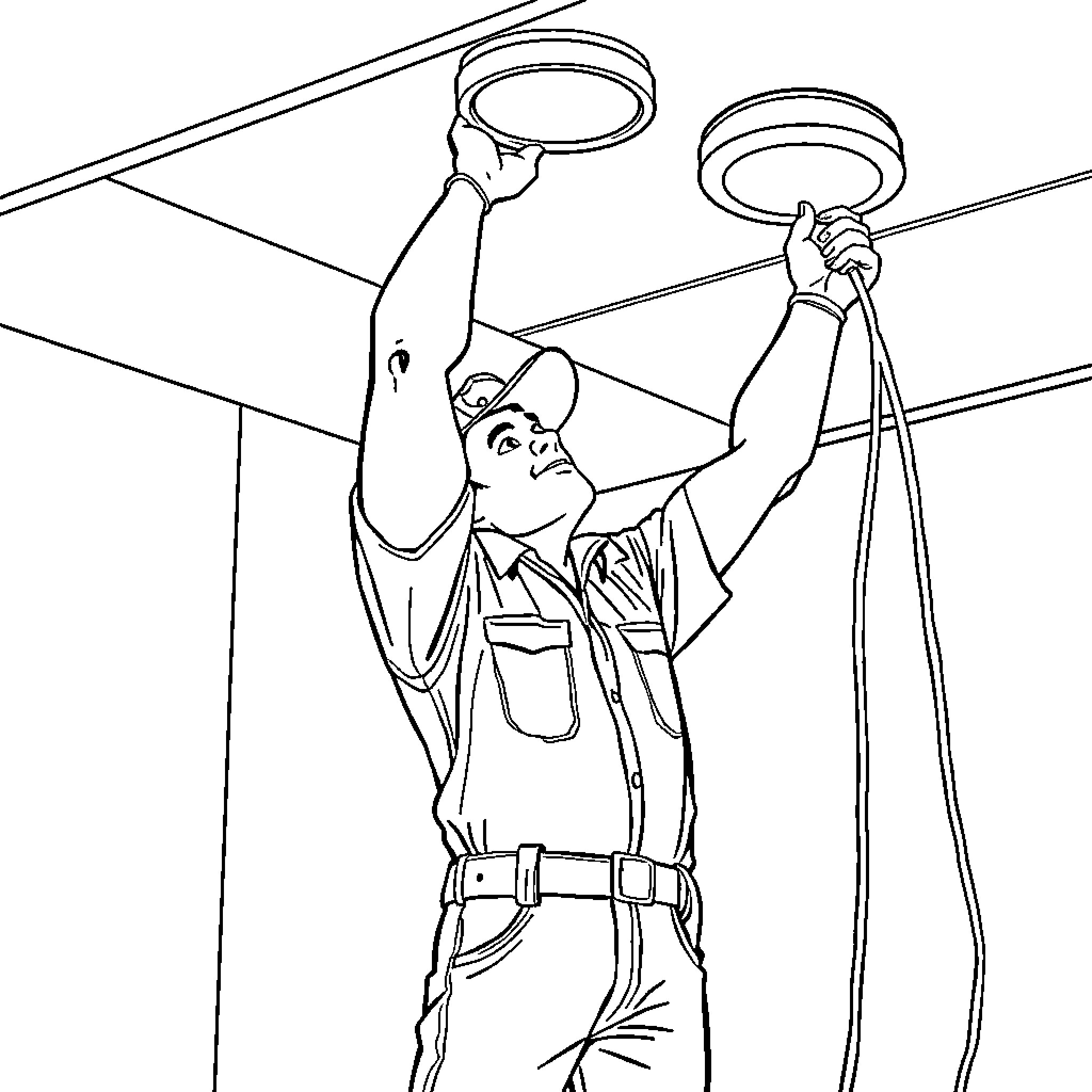 Electrician inspecting and repairing electrical fixtures Coloring Page (free black-and-white line drawing printable PDF for all, from beginners to advanced learners, including children, teens, adults, and seniors)