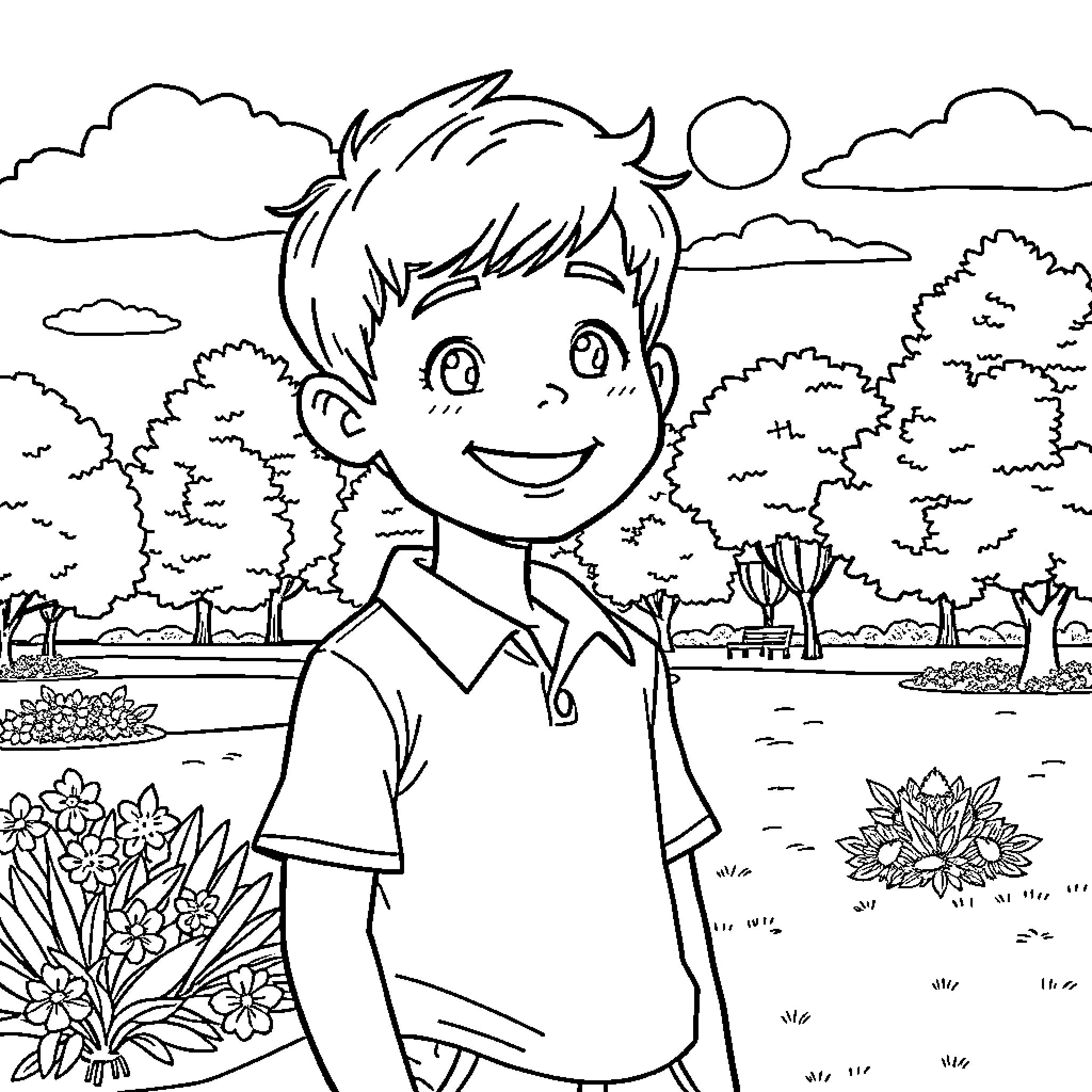 Lucas enjoys the outdoors in a peaceful scene Coloring Page (free black-and-white line drawing printable PDF for all, from beginners to advanced learners, including children, teens, adults, and seniors)