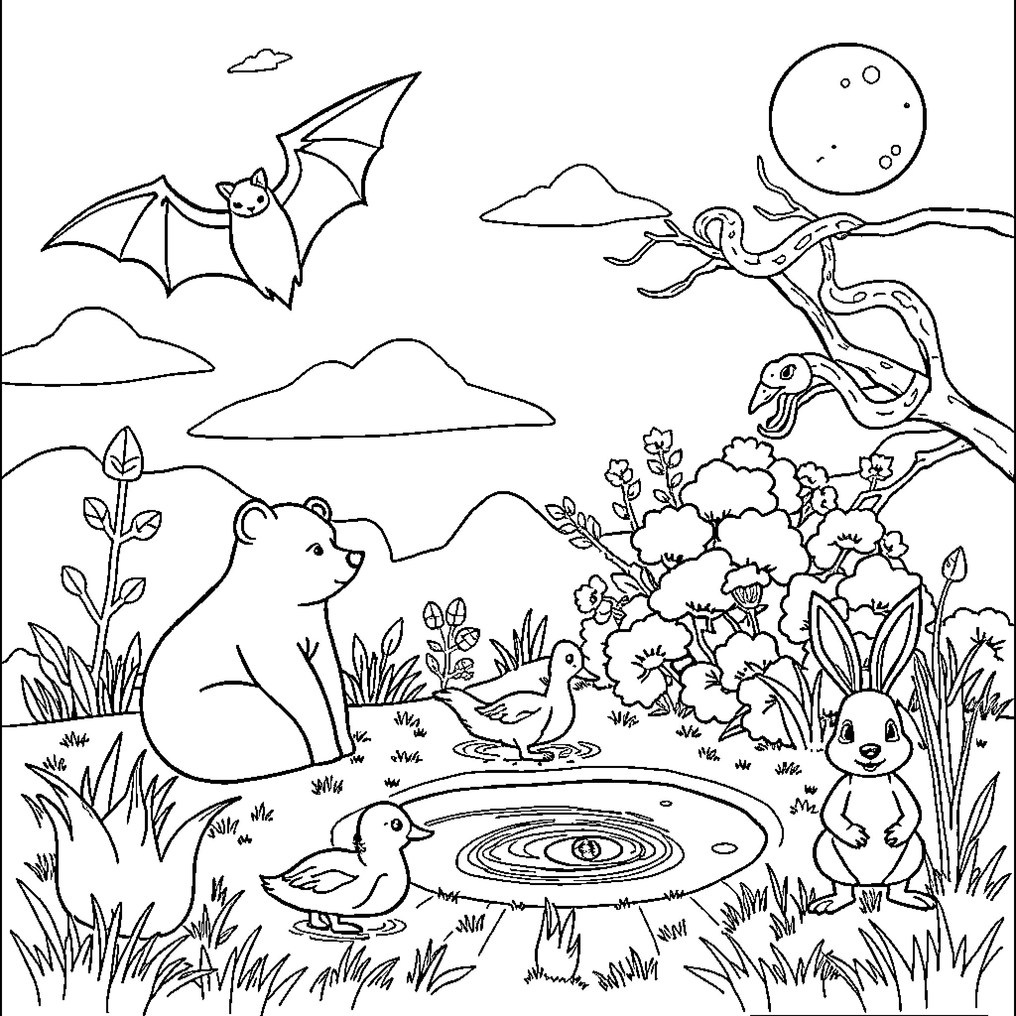 Animal Creatures in Peaceful Forest Scene Coloring Page (free black-and-white line drawing printable PDF for all, from beginners to advanced learners, including children, teens, adults, and seniors)