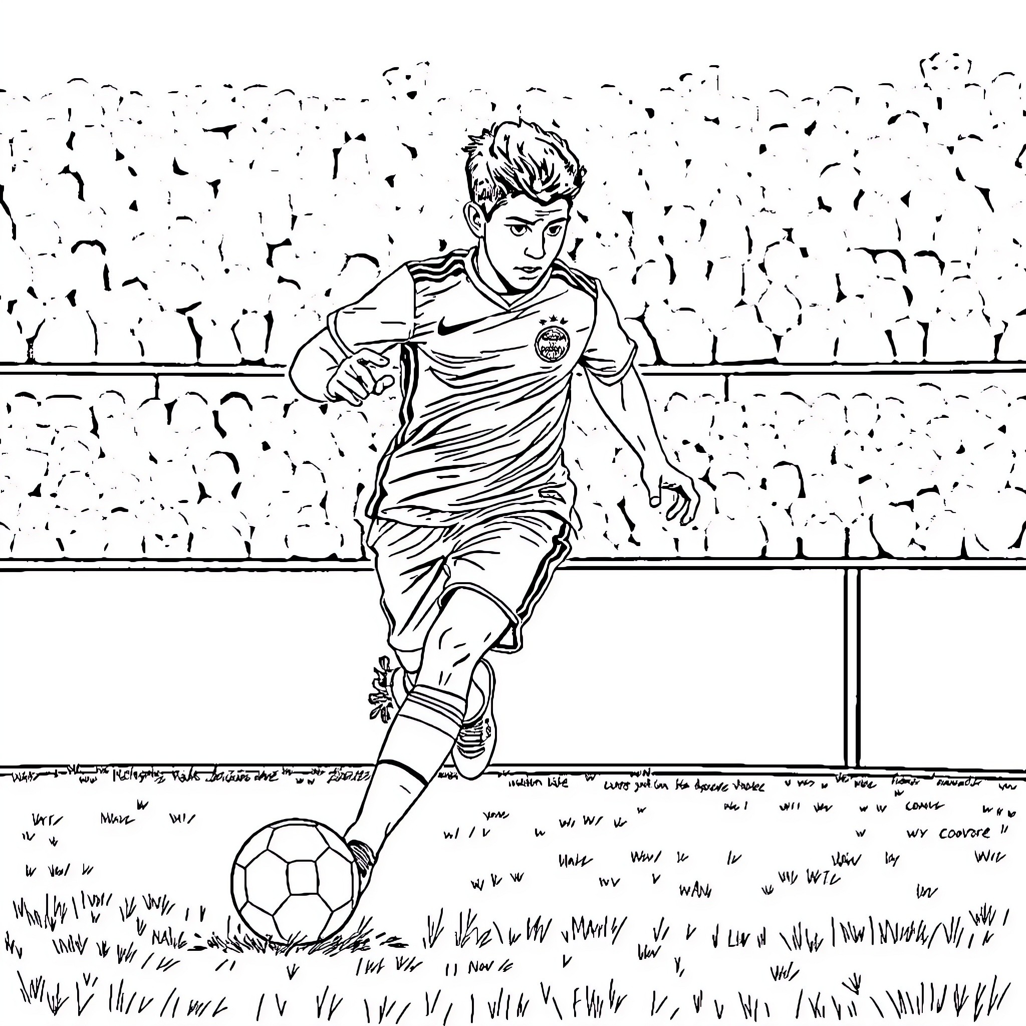 Lamine Yamal playing football on the field Coloring Page (free black-and-white line drawing printable PDF for all, from beginners to advanced learners, including children, teens, adults, and seniors)