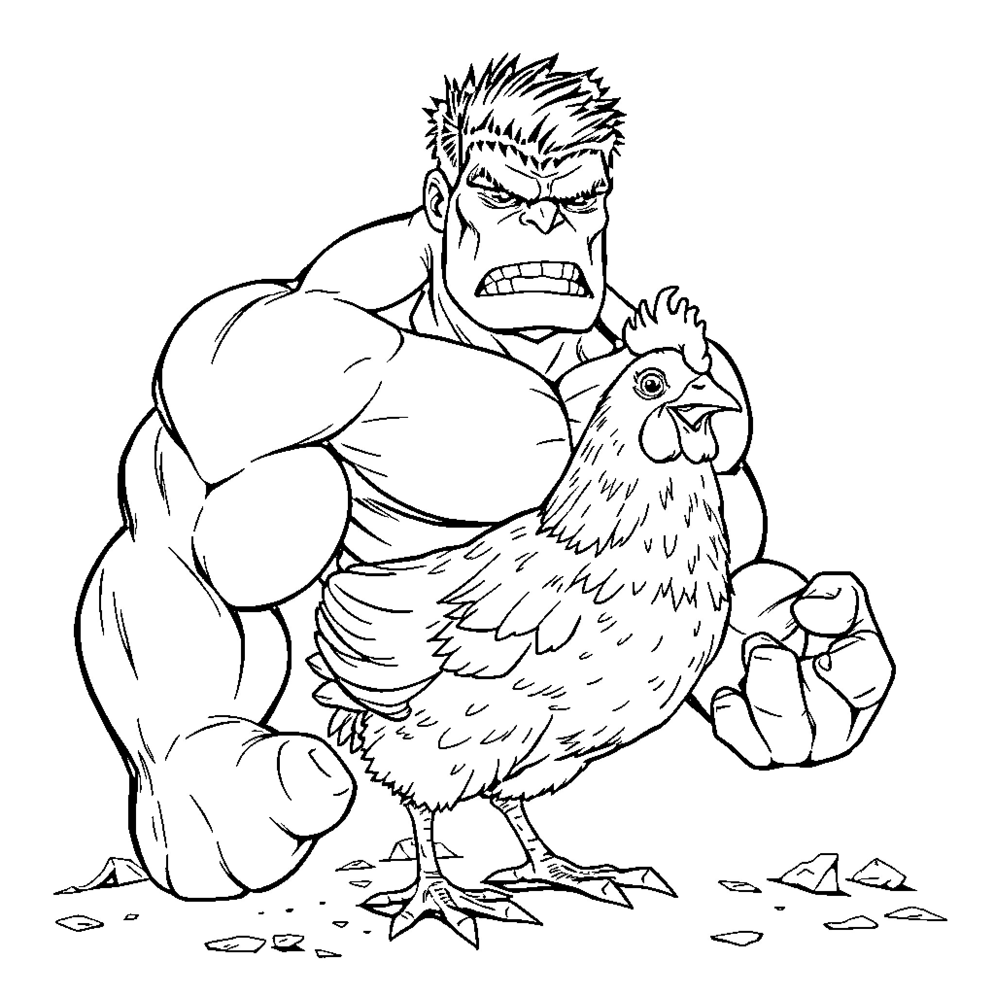 Chicken Meets a Muscular Character Coloring Page (free black-and-white line drawing printable PDF for all, from beginners to advanced learners, including children, teens, adults, and seniors)