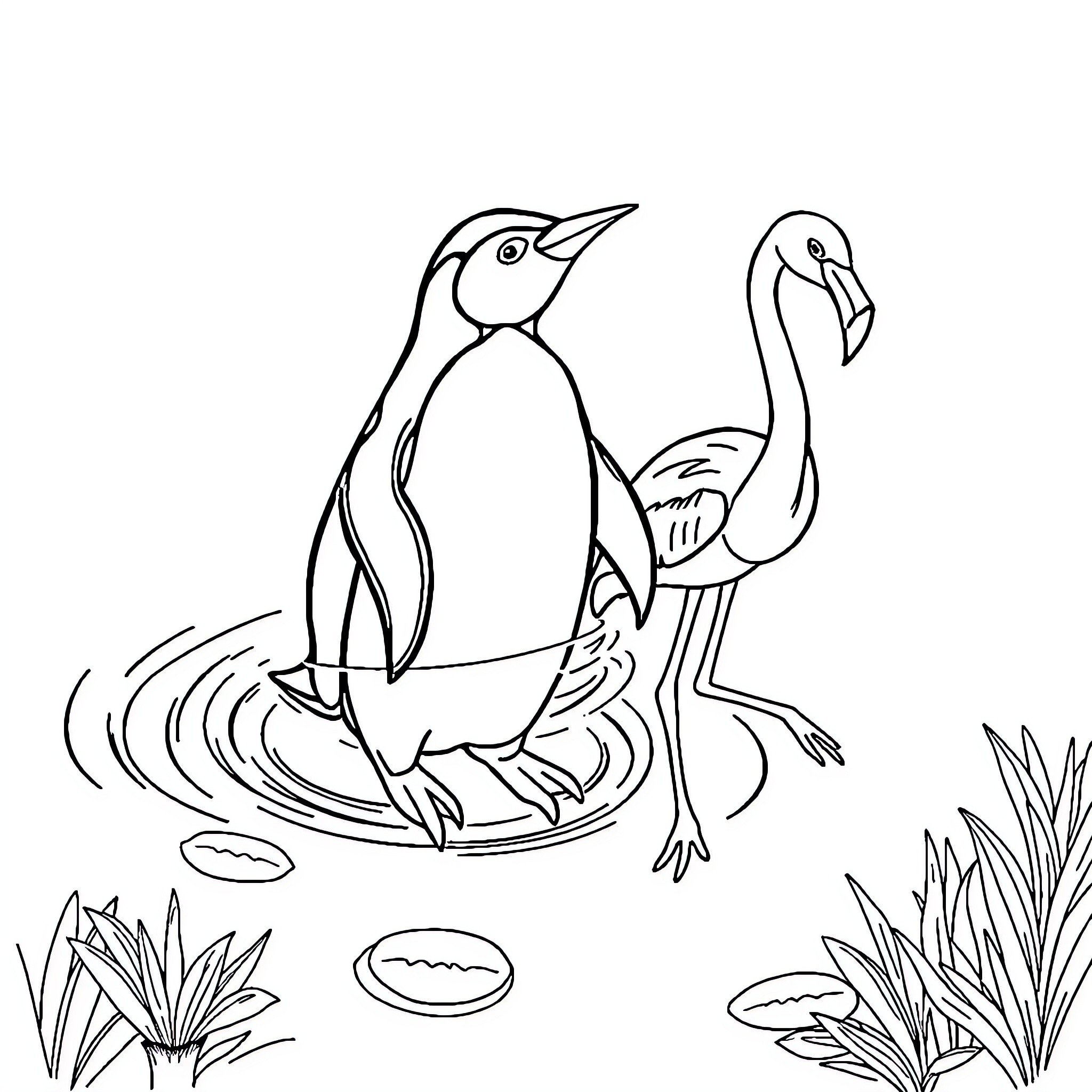 Penguin standing on lily pad in pond Coloring Page (free black-and-white line drawing printable PDF for all, from beginners to advanced learners, including children, teens, adults, and seniors)