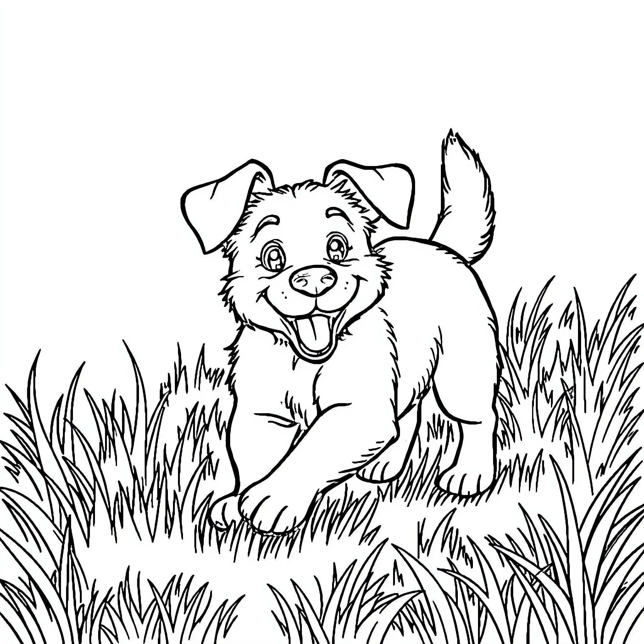 Dog happily playing in grassy field Coloring Page (free black-and-white line drawing printable PDF for all, from beginners to advanced learners, including children, teens, adults, and seniors)
