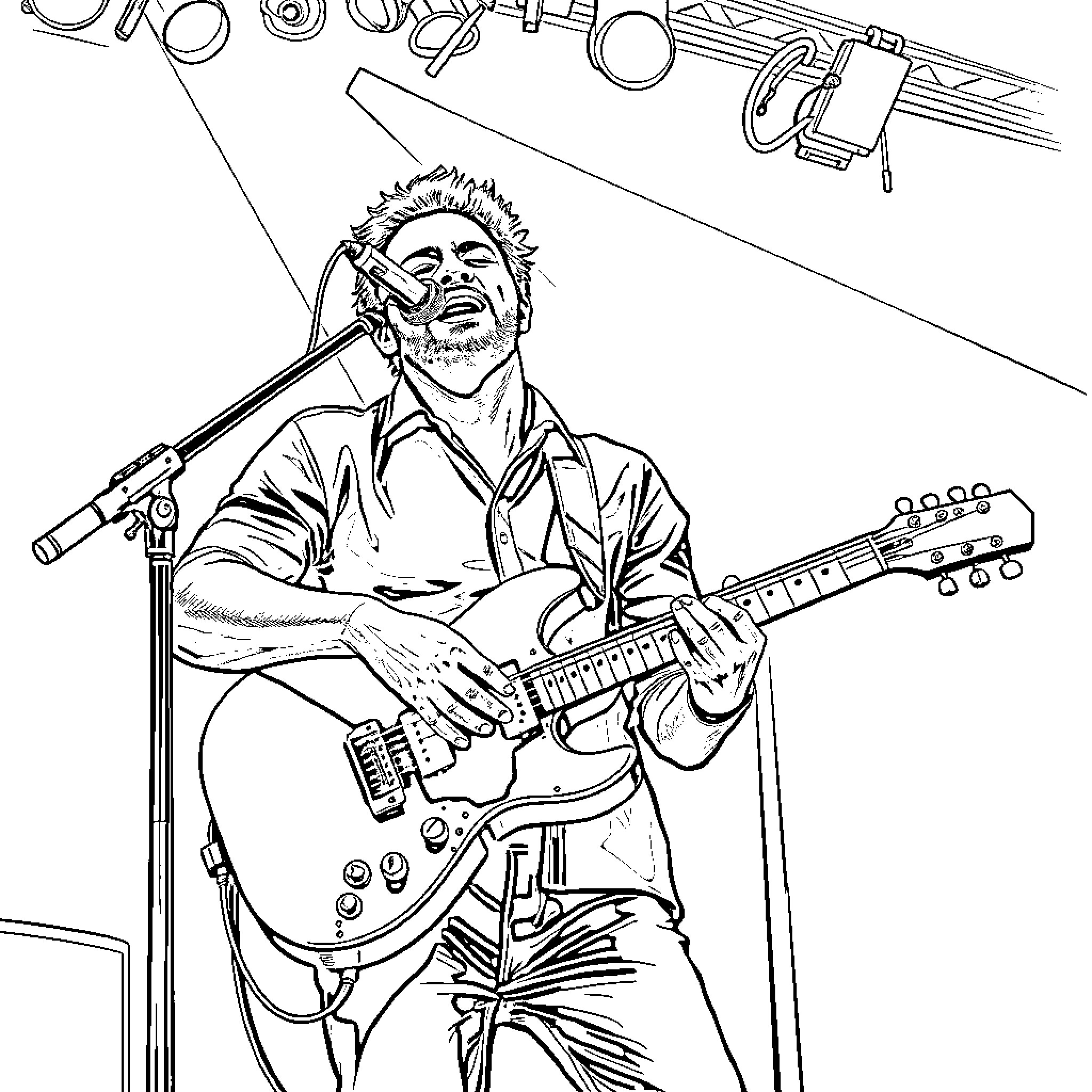 Ayron Jones performing on stage with guitar Coloring Page (free black-and-white line drawing printable PDF for all, from beginners to advanced learners, including children, teens, adults, and seniors)