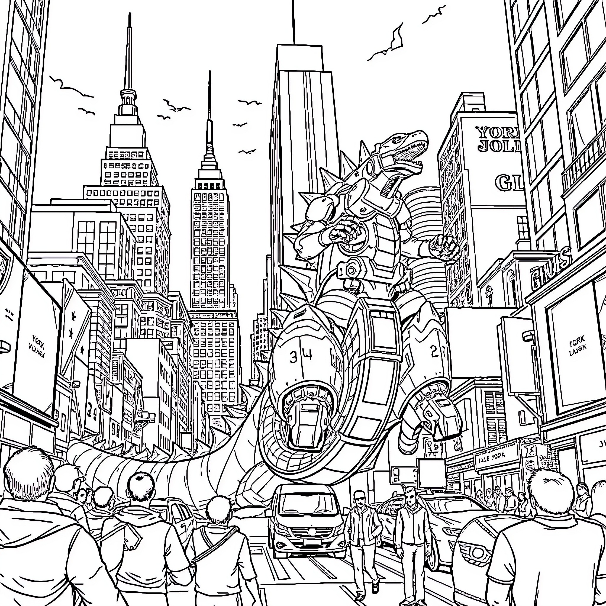 Robot Monster Rampaging in Futuristic City Coloring Page (free black-and-white line drawing printable PDF for all, from beginners to advanced learners, including children, teens, adults, and seniors)