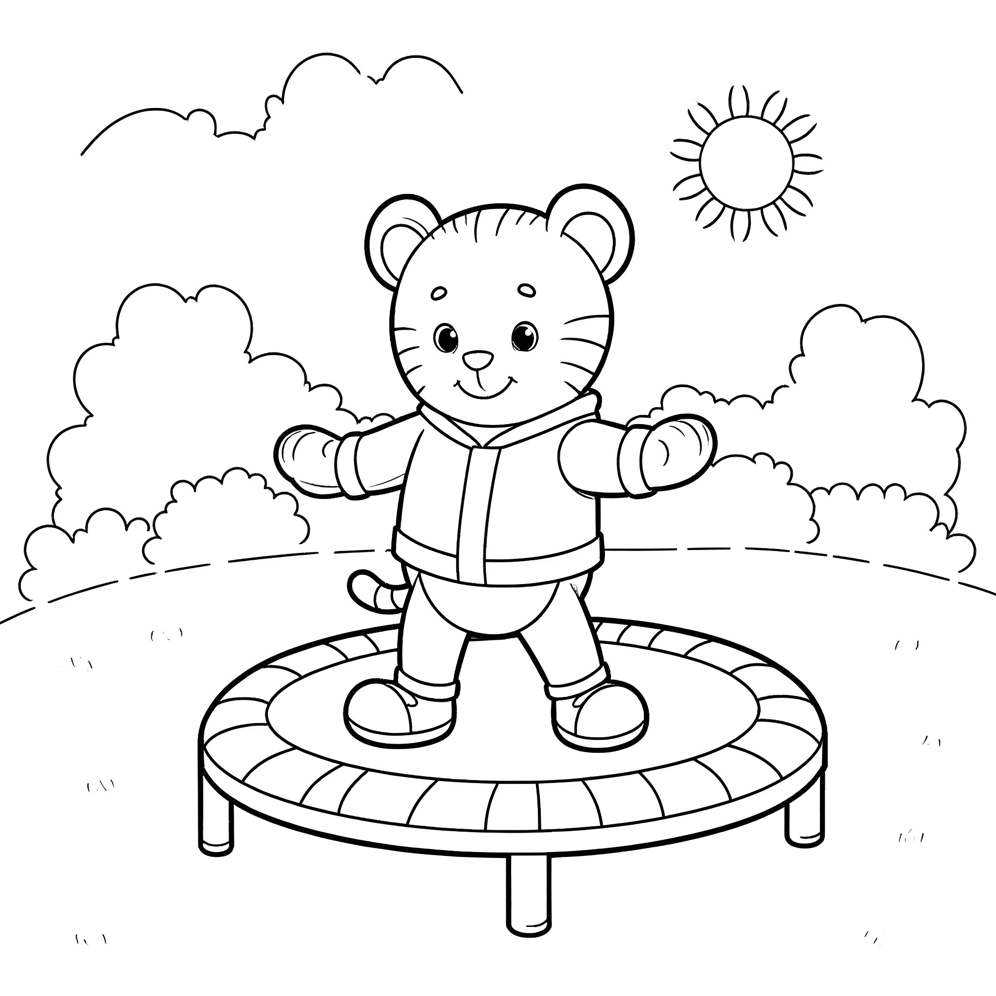 Daniel Tiger jumping on a trampoline in the park Coloring Page (free black-and-white line drawing printable PDF for all, from beginners to advanced learners, including children, teens, adults, and seniors)