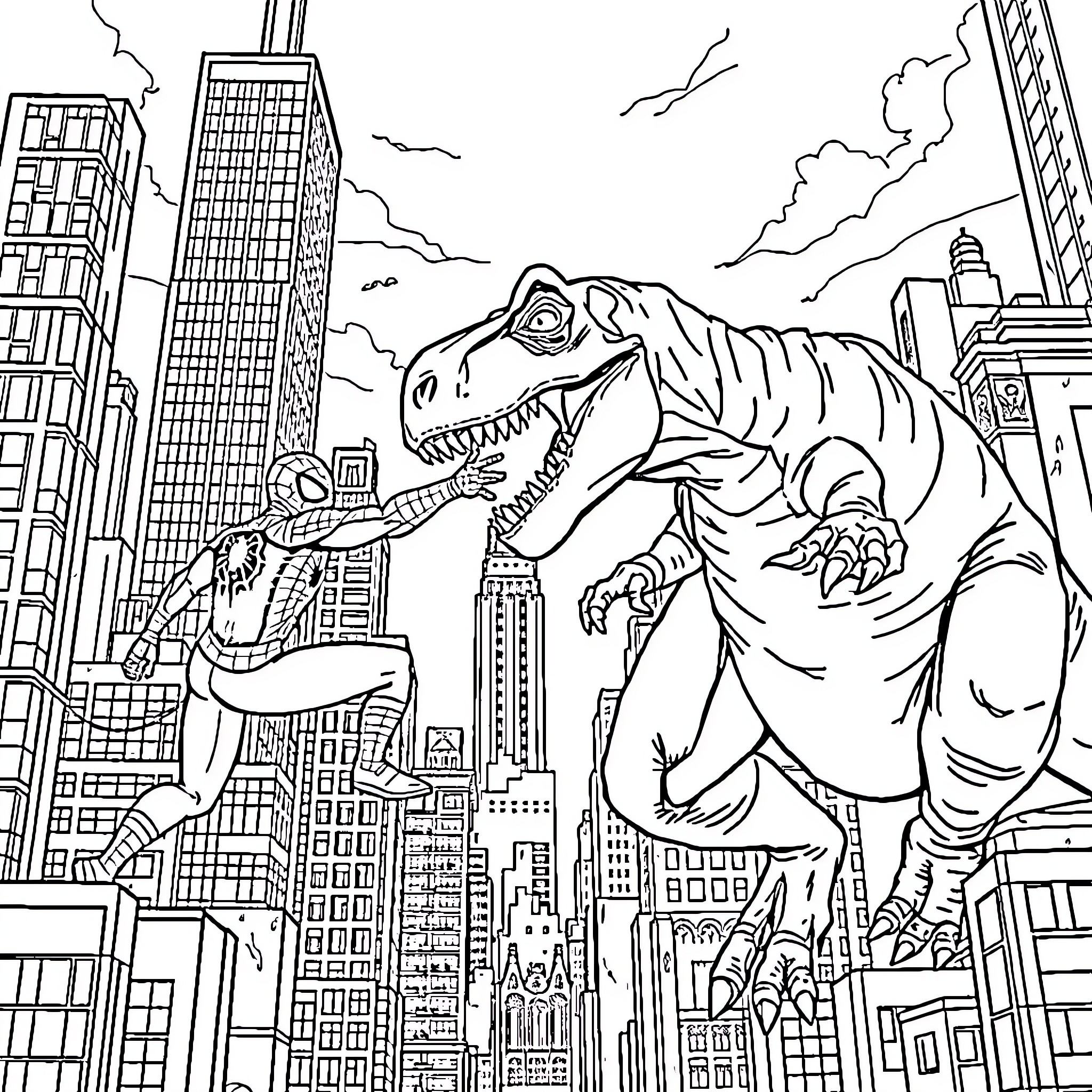 Spider-Man confronts a giant dinosaur in the city Coloring Page (free black-and-white line drawing printable PDF for all, from beginners to advanced learners, including children, teens, adults, and seniors)