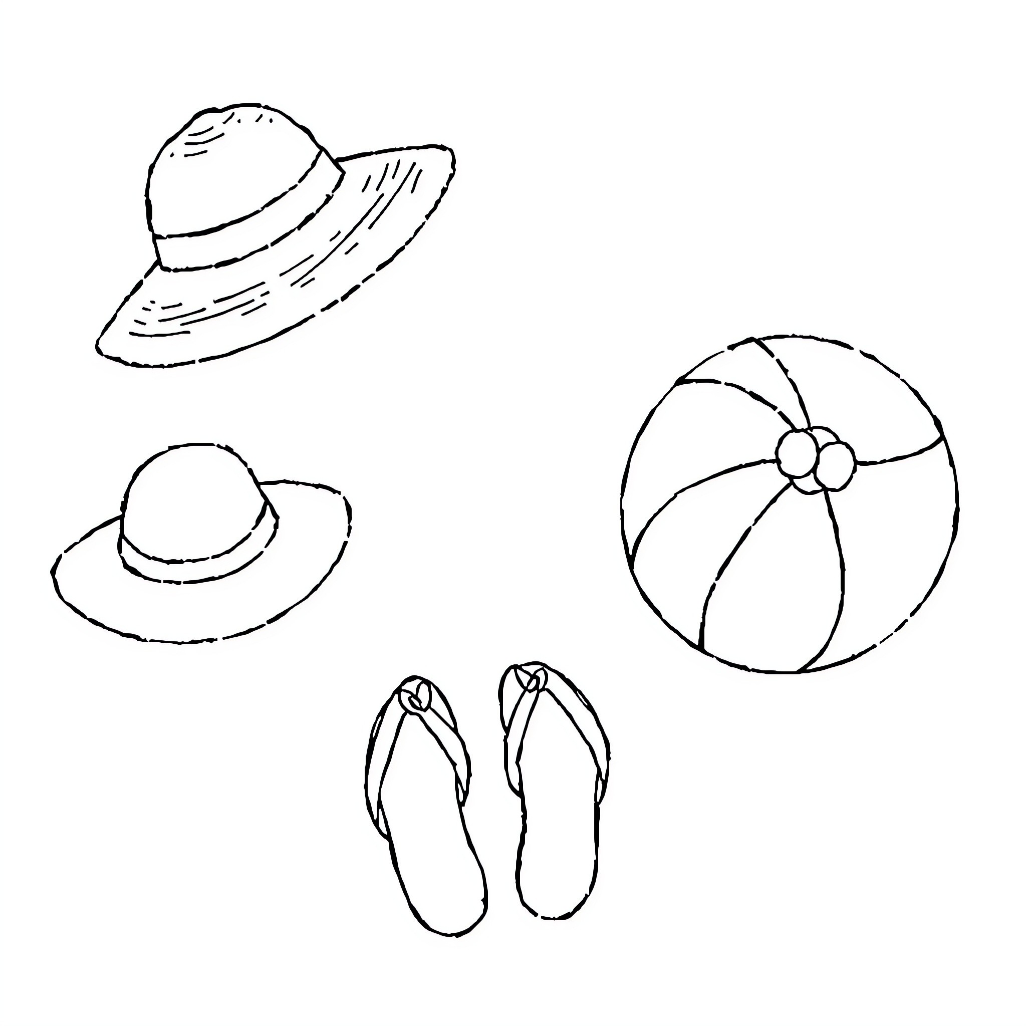 Summer accessories and beach toys Coloring Page (free black-and-white line drawing printable PDF for all, from beginners to advanced learners, including children, teens, adults, and seniors)