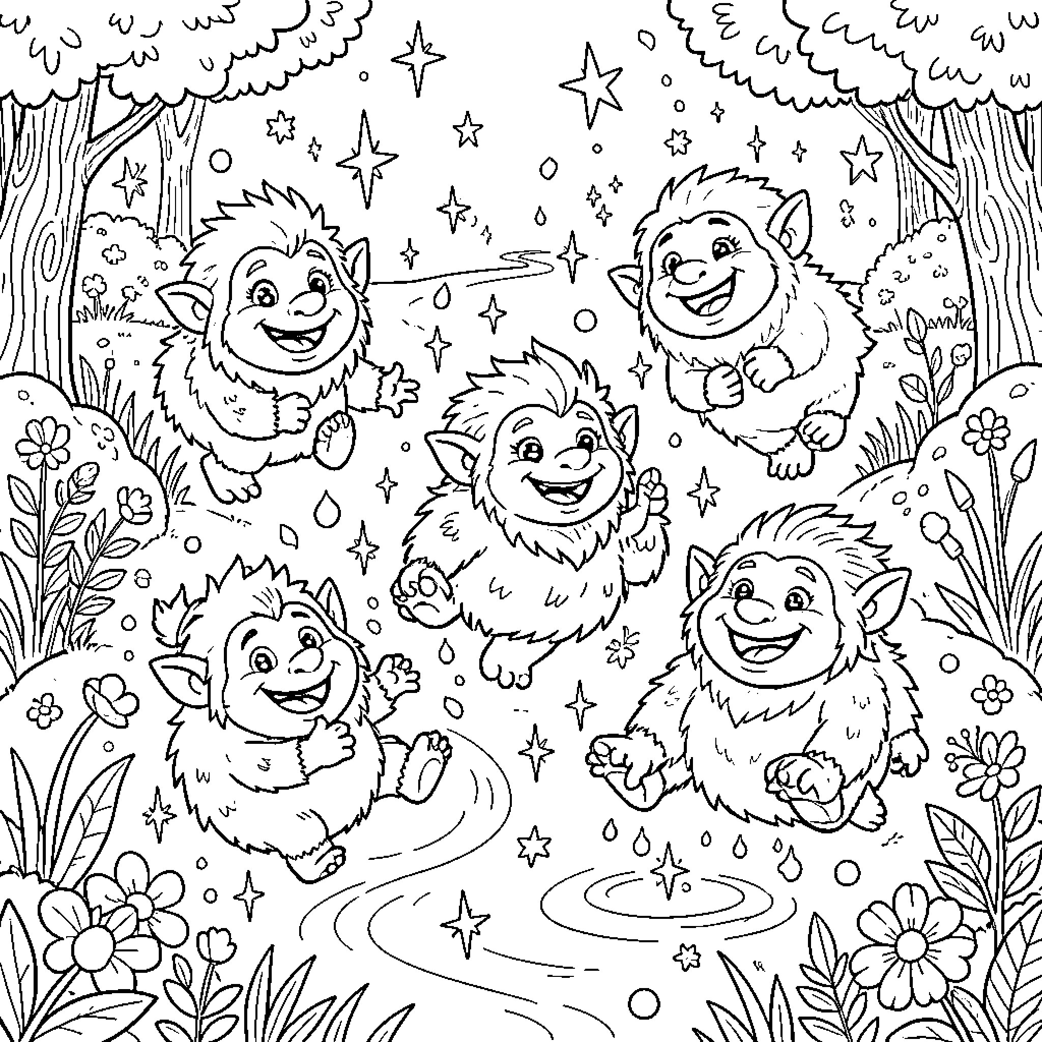 Troll friends having a magical adventure in the forest Coloring Page (free black-and-white line drawing printable PDF for all, from beginners to advanced learners, including children, teens, adults, and seniors)