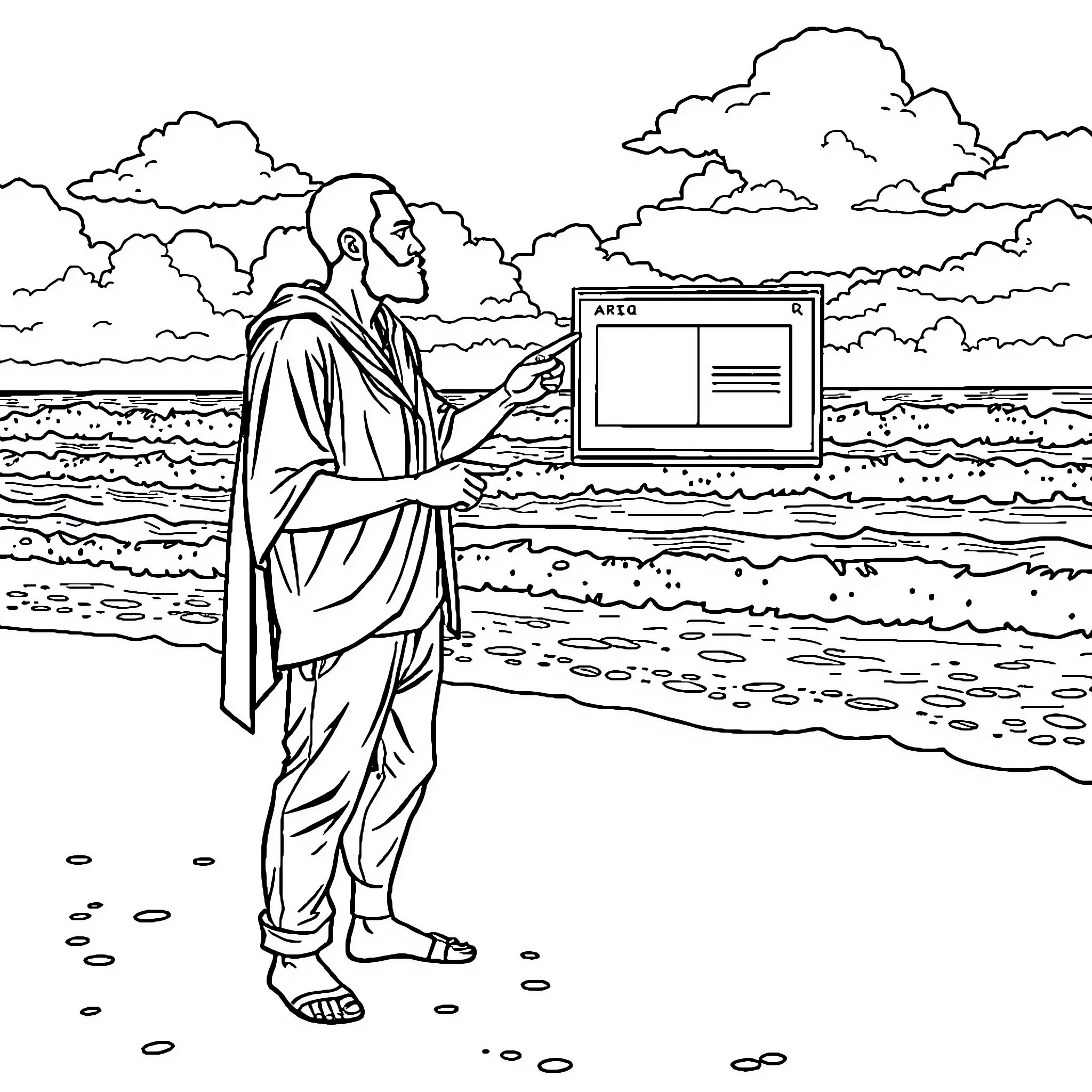 Man examining digital device on the beach Coloring Page (free black-and-white line drawing printable PDF for all, from beginners to advanced learners, including children, teens, adults, and seniors)