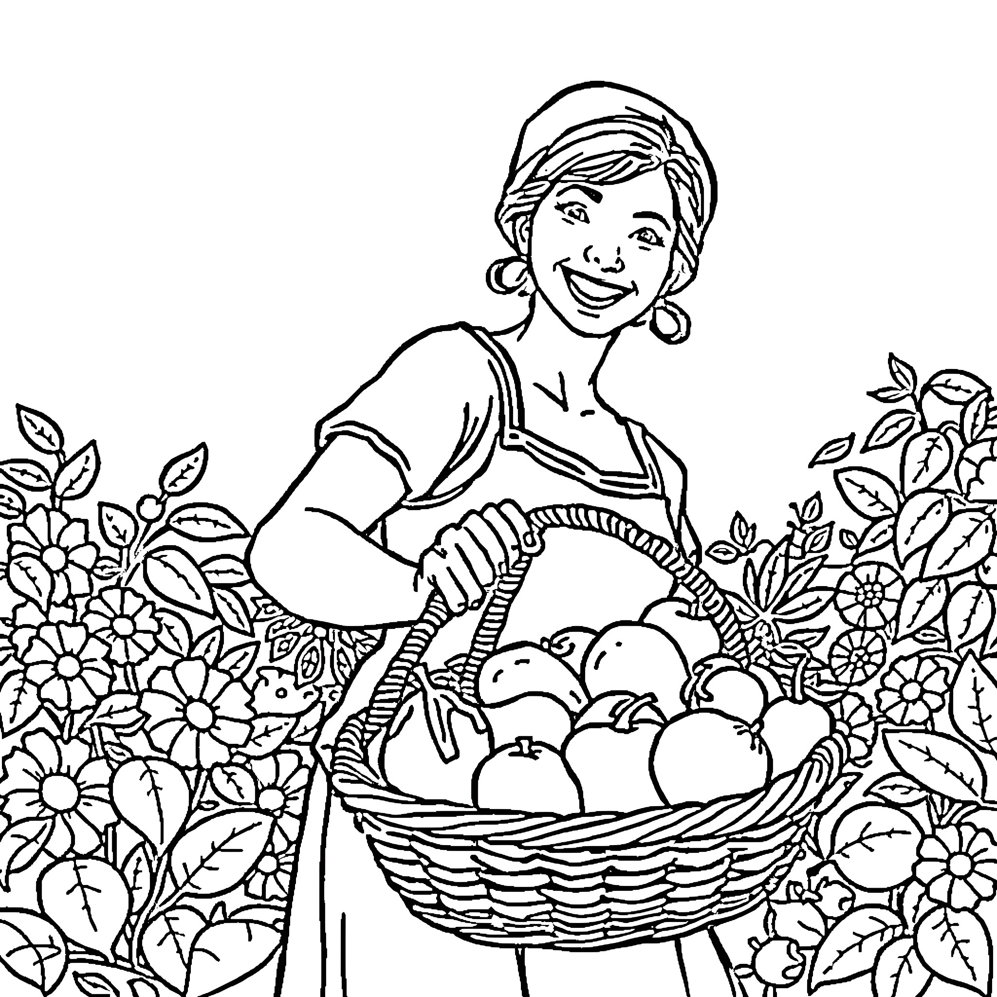 Lady Harvesting Abundant Fruits and Flowers Coloring Page (free black-and-white line drawing printable PDF for all, from beginners to advanced learners, including children, teens, adults, and seniors)