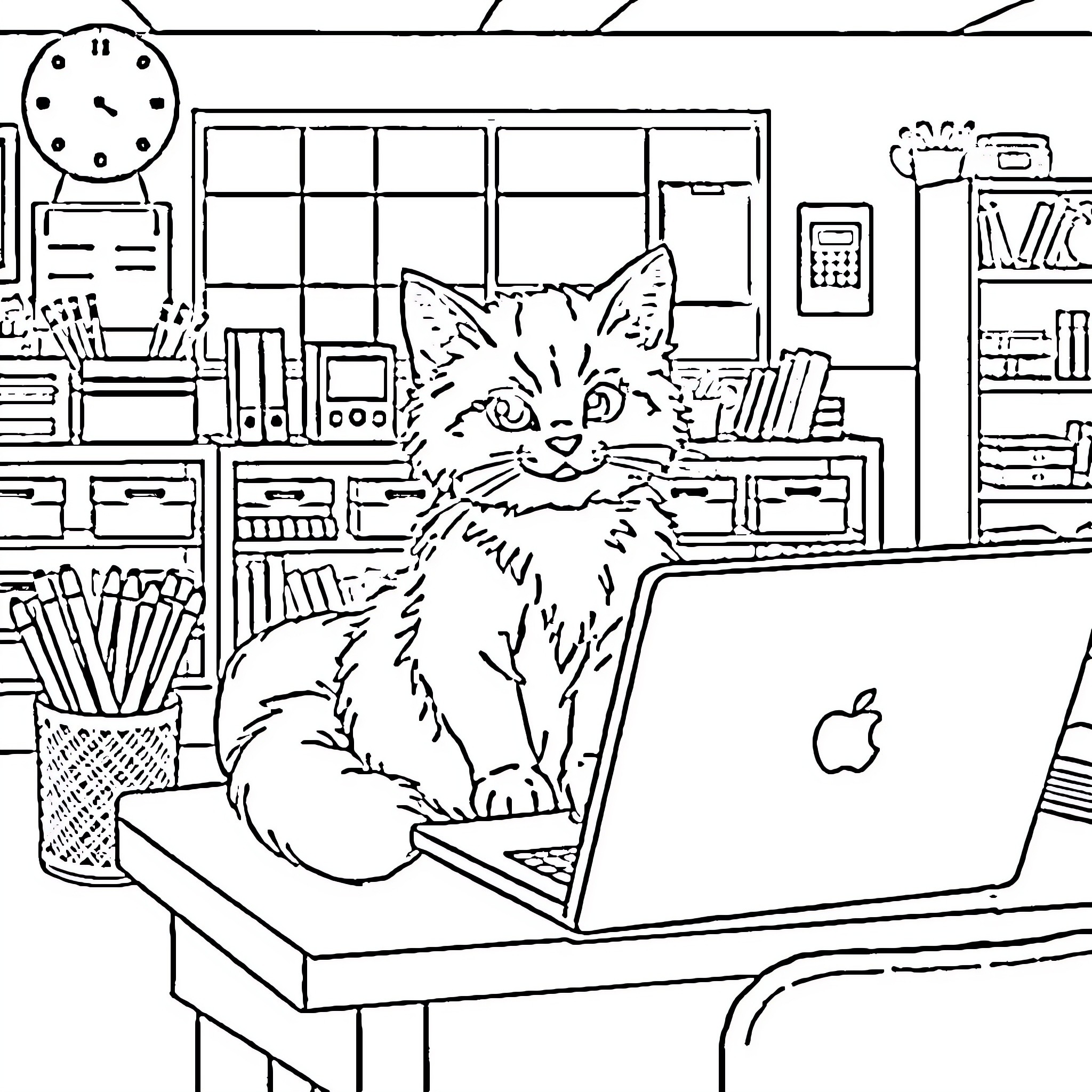 Cat working diligently on laptop in office Coloring Page (free black-and-white line drawing printable PDF for all, from beginners to advanced learners, including children, teens, adults, and seniors)