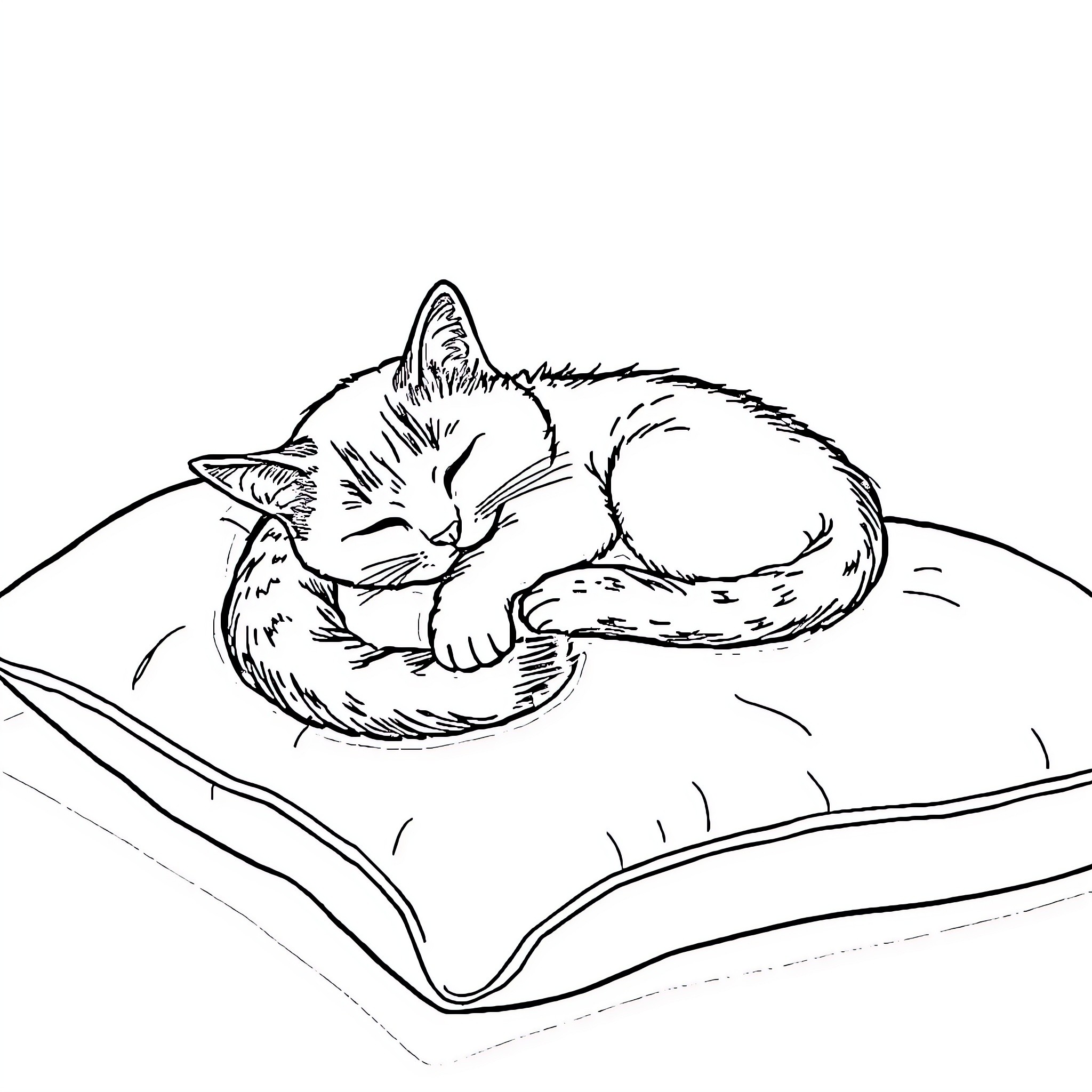 Cat curled up sleeping peacefully on a cushion Coloring Page (free black-and-white line drawing printable PDF for all, from beginners to advanced learners, including children, teens, adults, and seniors)