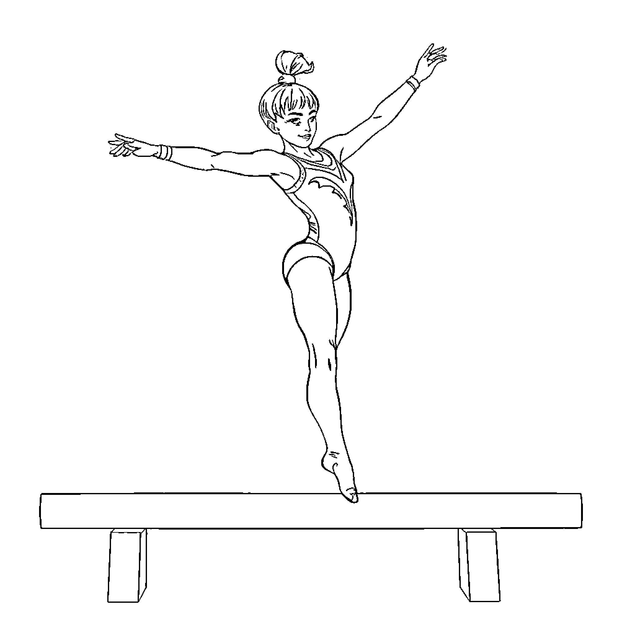 Gymnast performing graceful acrobatic move on balance beam Coloring Page (free black-and-white line drawing printable PDF for all, from beginners to advanced learners, including children, teens, adults, and seniors)