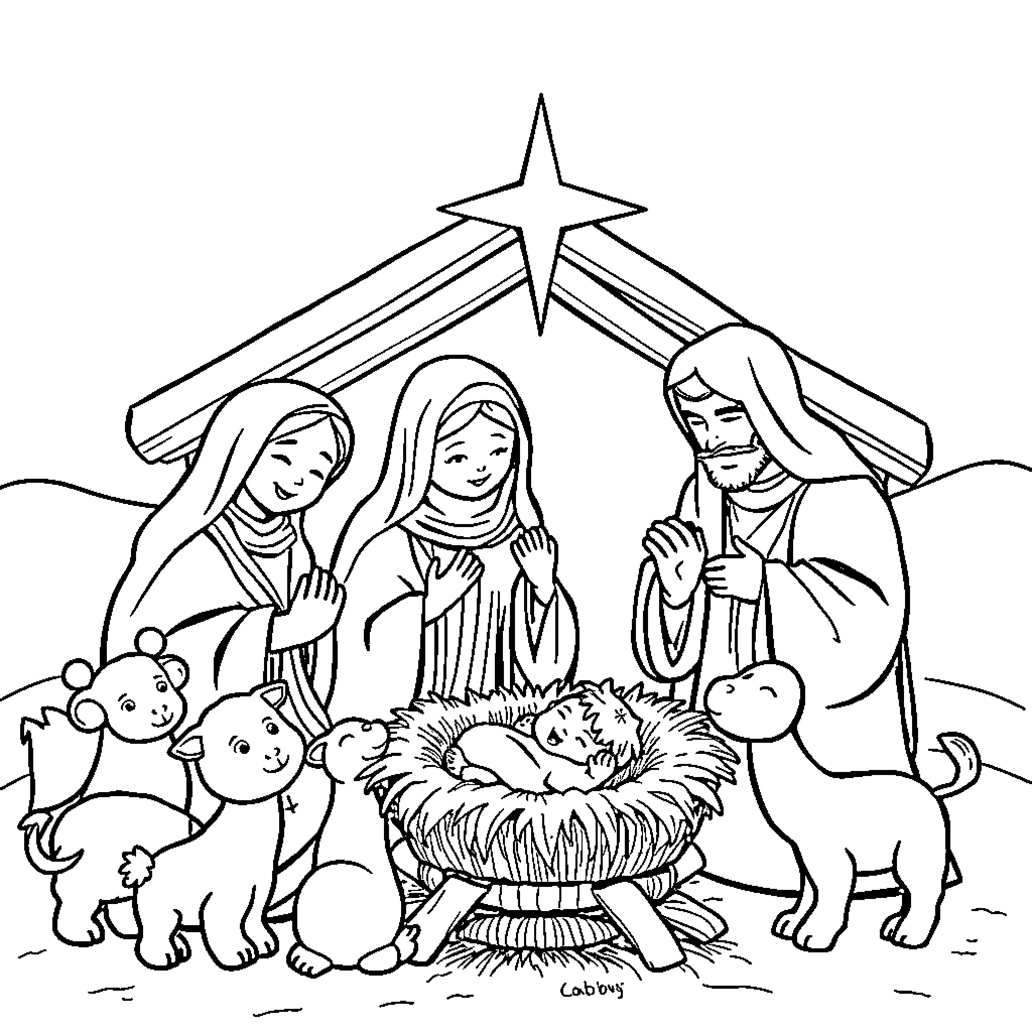 Nativity scene with figures, animals, and a bright star Coloring Page (free black-and-white line drawing printable PDF for all, from beginners to advanced learners, including children, teens, adults, and seniors)