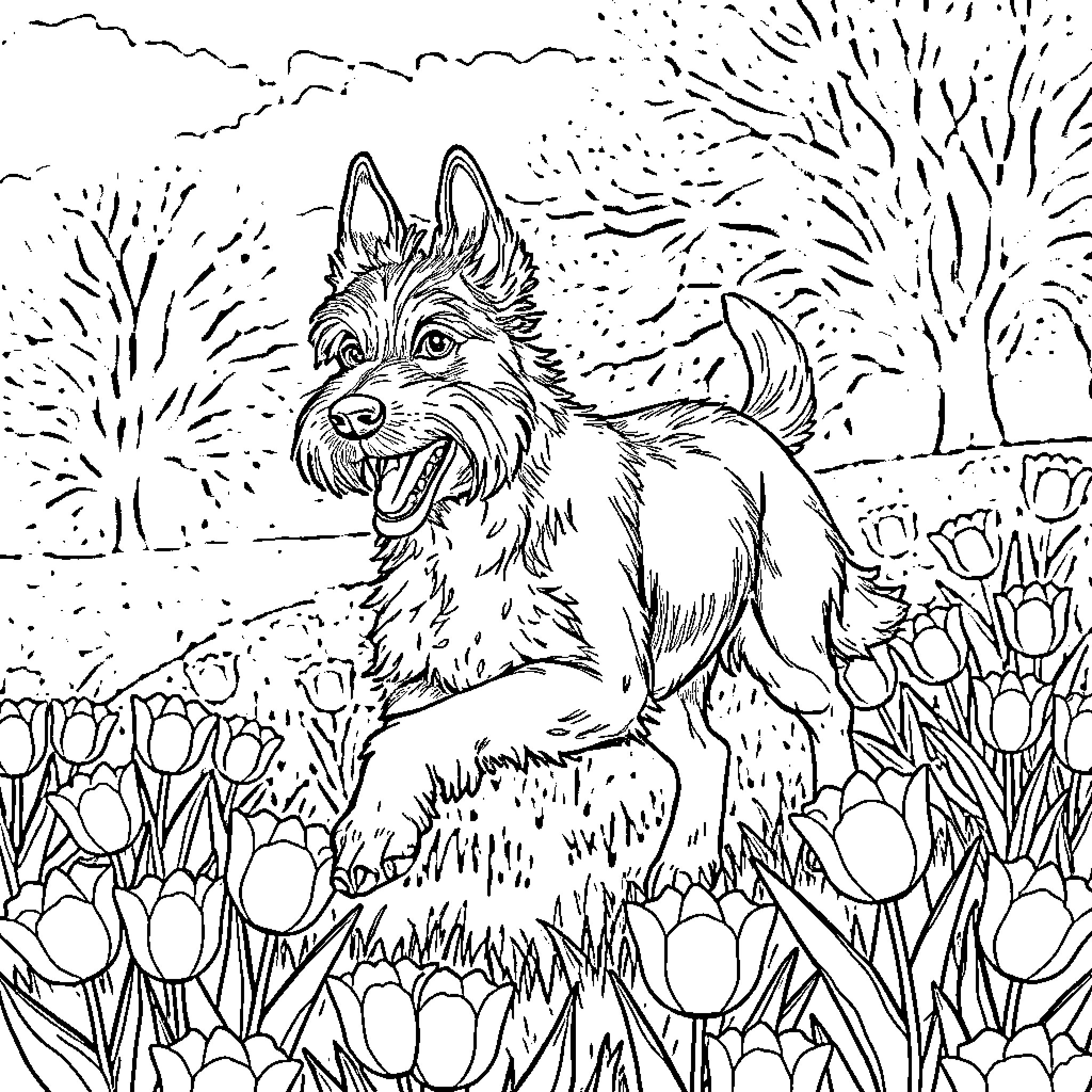 Perro playing joyfully in a floral field Coloring Page (free black-and-white line drawing printable PDF for all, from beginners to advanced learners, including children, teens, adults, and seniors)