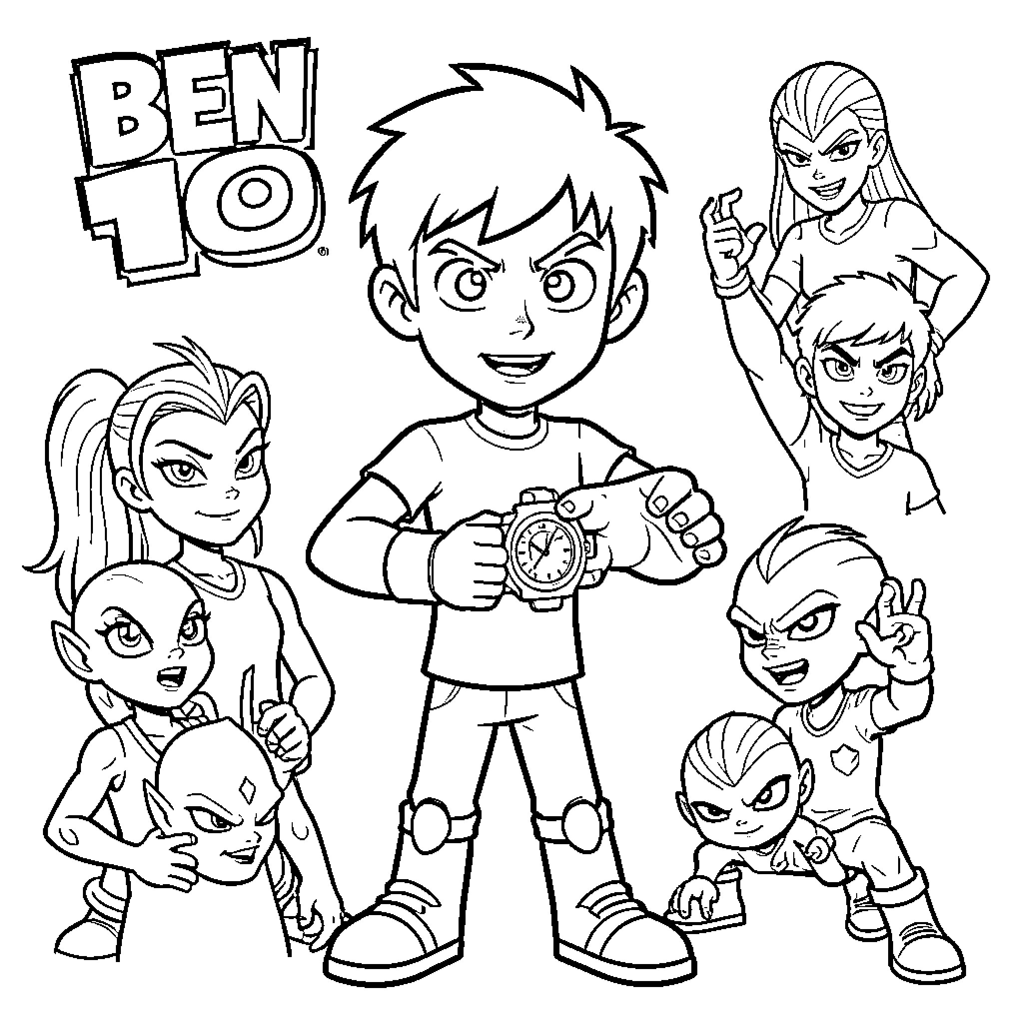 Ben 10 characters in action poses and expressions Coloring Page (free black-and-white line drawing printable PDF for all, from beginners to advanced learners, including children, teens, adults, and seniors)