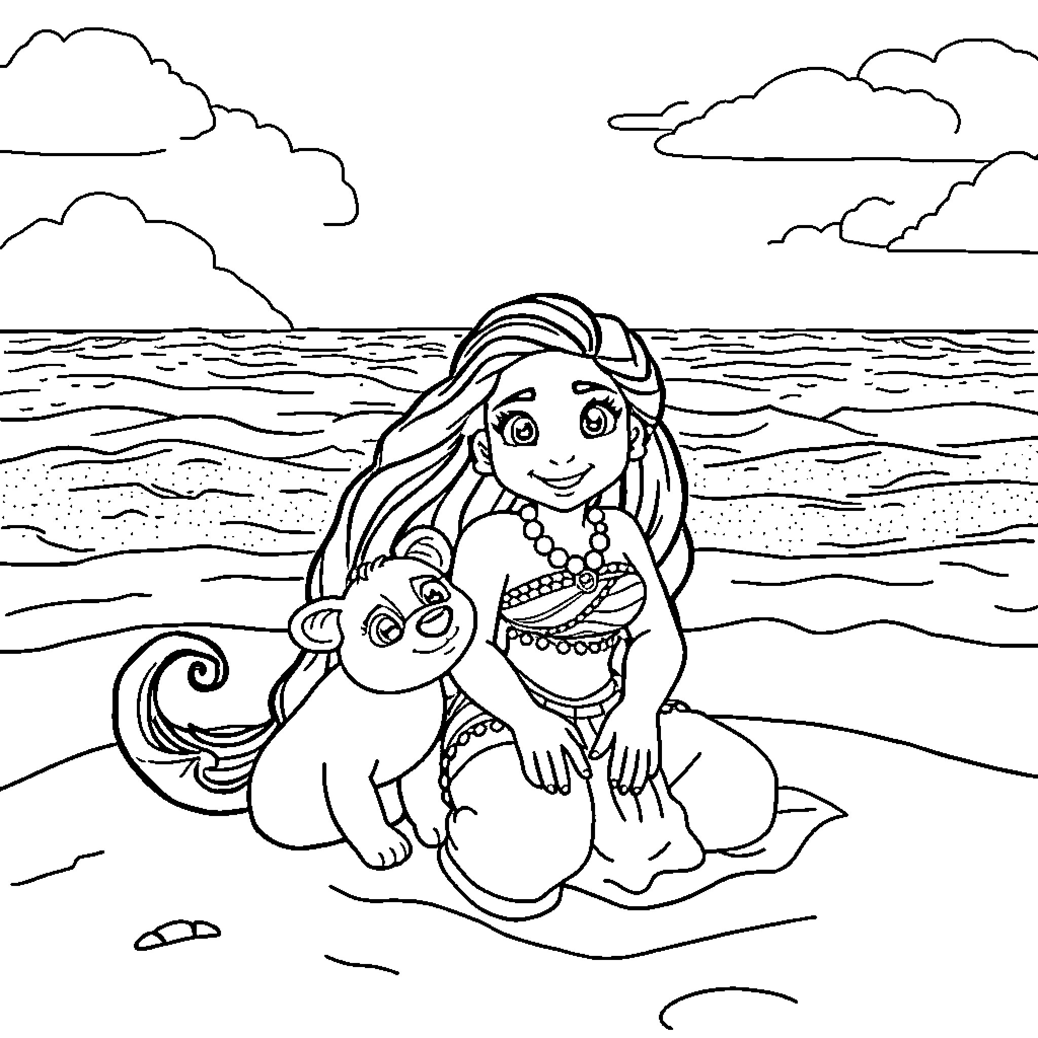 Morana playing by the ocean with her pet Coloring Page (free black-and-white line drawing printable PDF for all, from beginners to advanced learners, including children, teens, adults, and seniors)