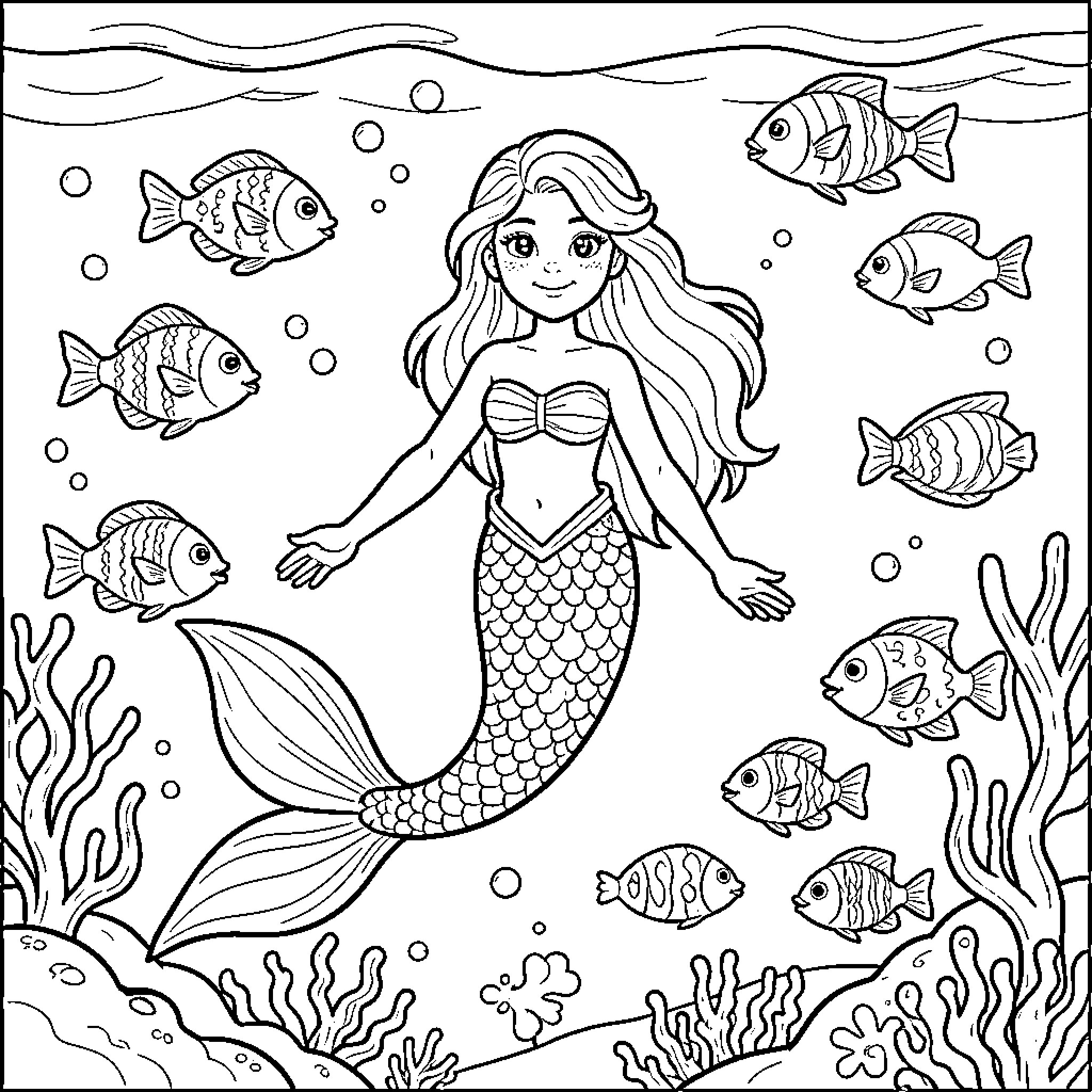 Mermaid swimming with colorful fish in the ocean Coloring Page (free black-and-white line drawing printable PDF for all, from beginners to advanced learners, including children, teens, adults, and seniors)