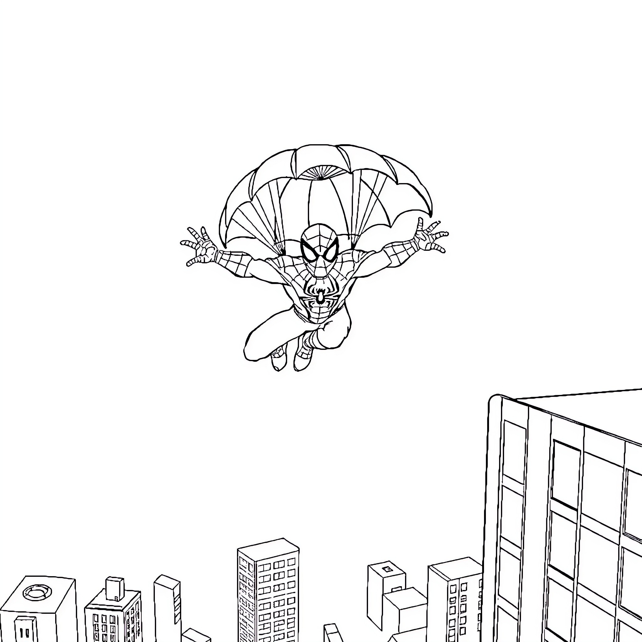 Spiderman swinging heroically over city skyline Coloring Page (free black-and-white line drawing printable PDF for all, from beginners to advanced learners, including children, teens, adults, and seniors)