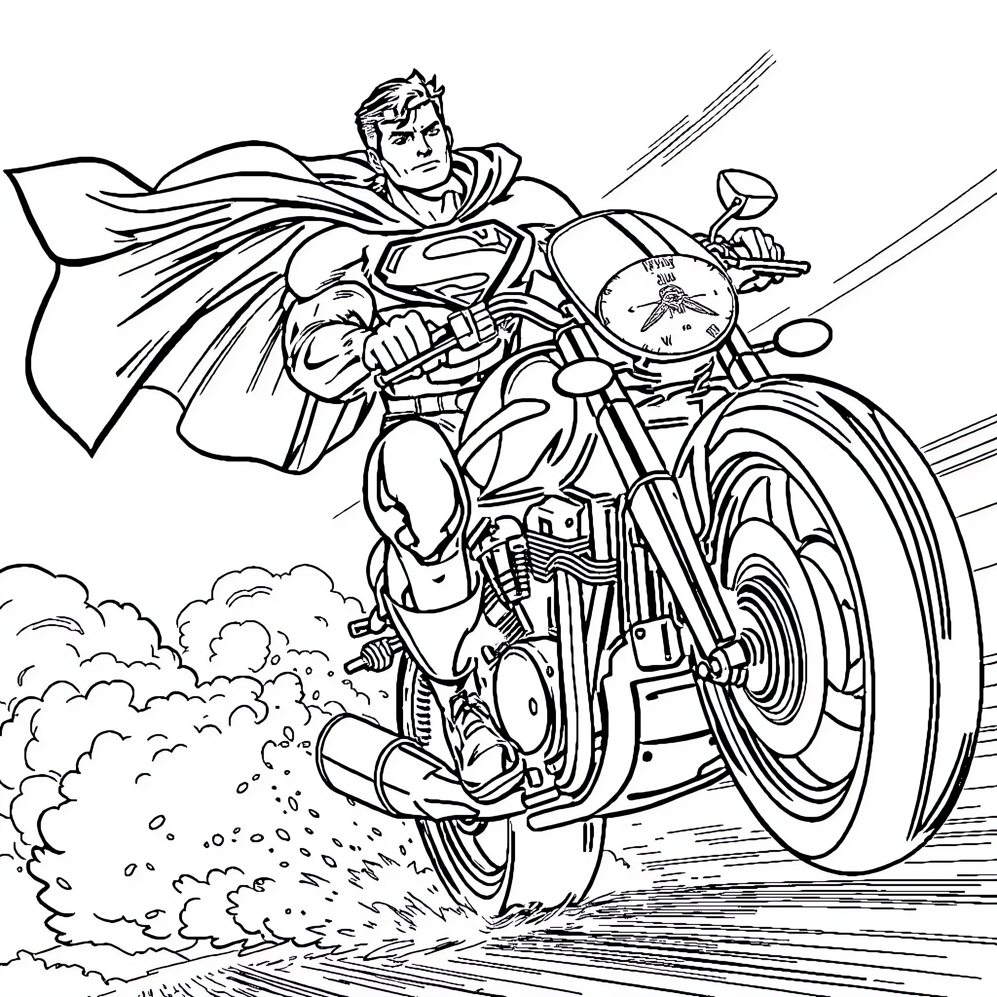 Superman speeding on a powerful motorcycle Coloring Page (free black-and-white line drawing printable PDF for all, from beginners to advanced learners, including children, teens, adults, and seniors)