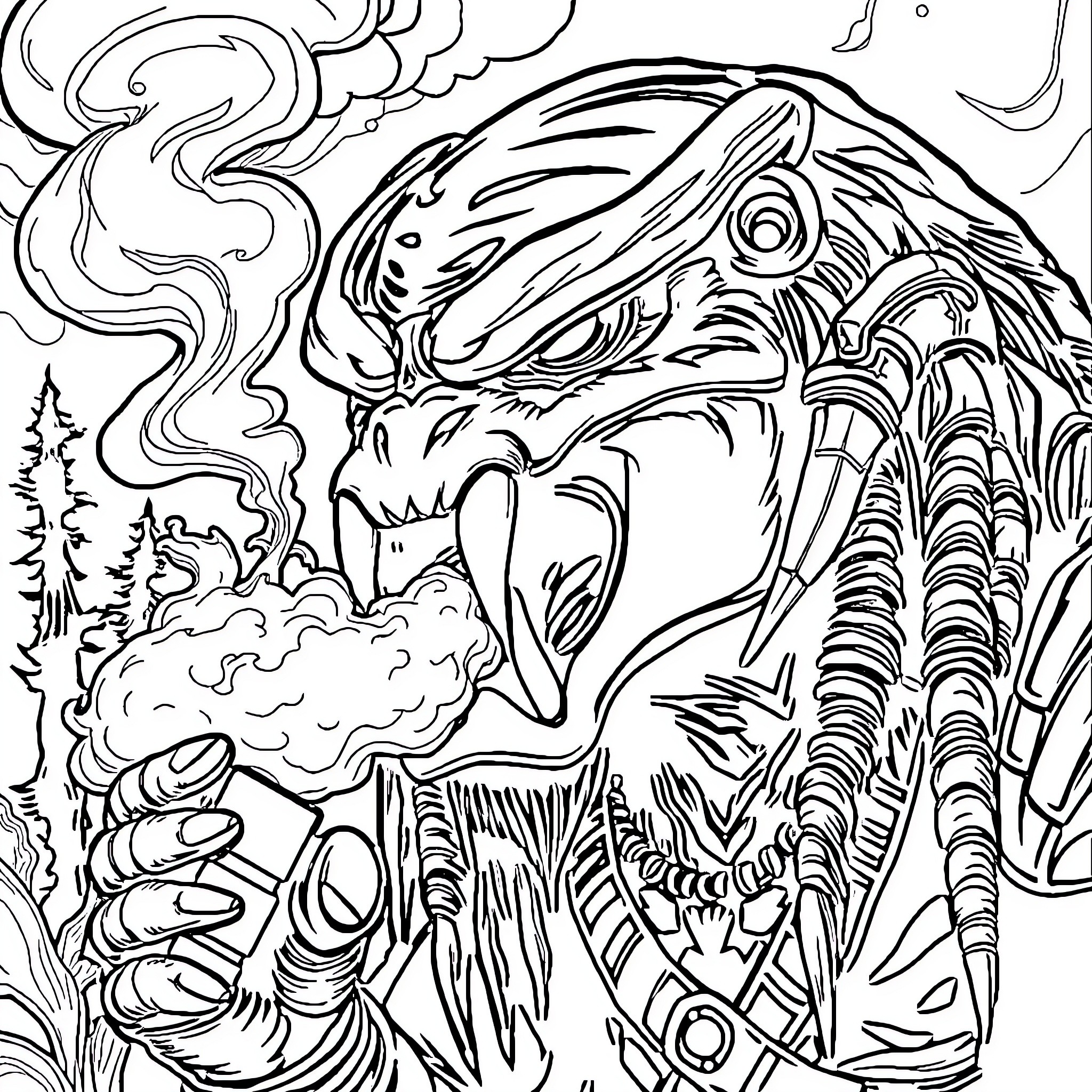 Predator stalking its prey in the wilderness Coloring Page (free black-and-white line drawing printable PDF for all, from beginners to advanced learners, including children, teens, adults, and seniors)