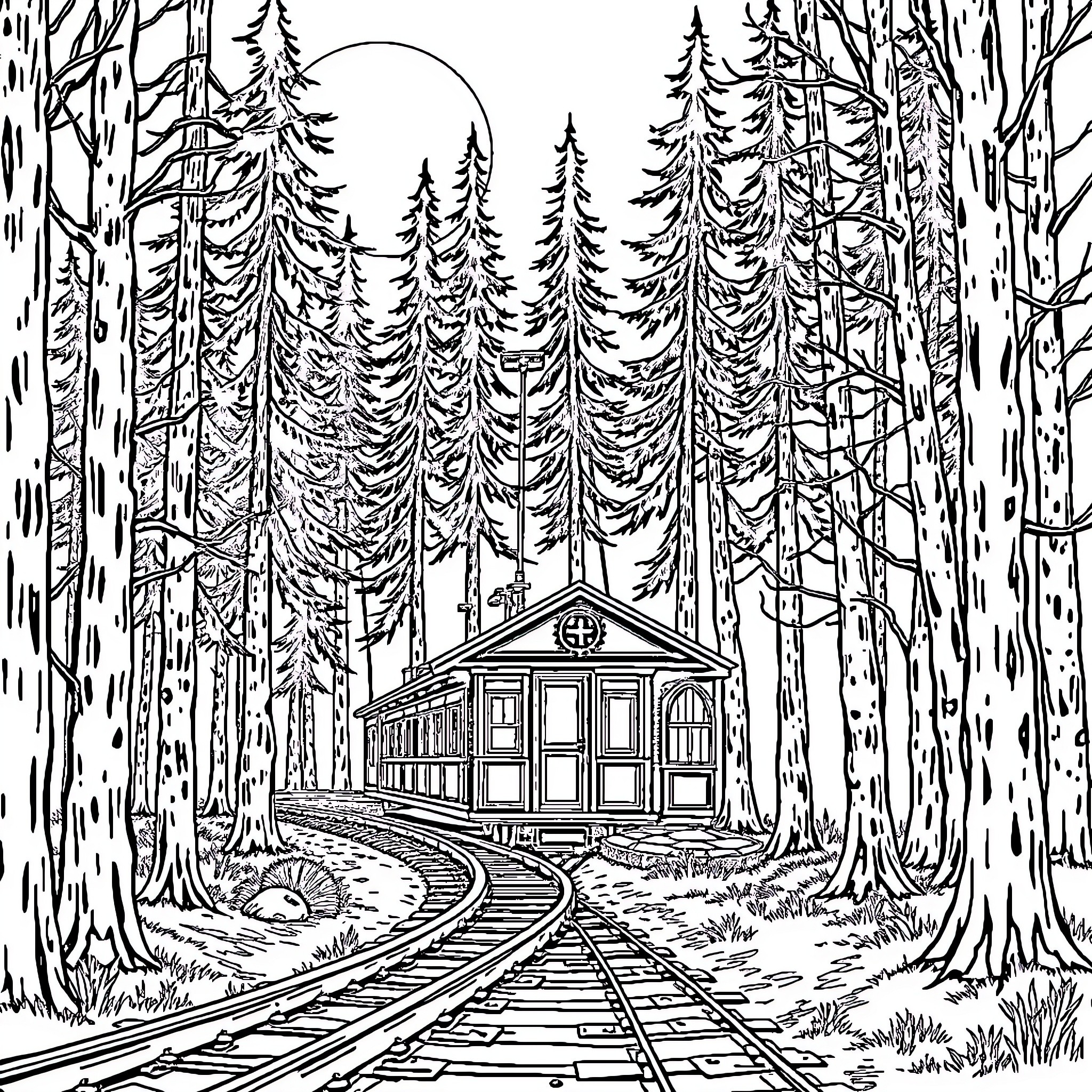 Train Station in Serene Forest Landscape Coloring Page (free black-and-white line drawing printable PDF for all, from beginners to advanced learners, including children, teens, adults, and seniors)
