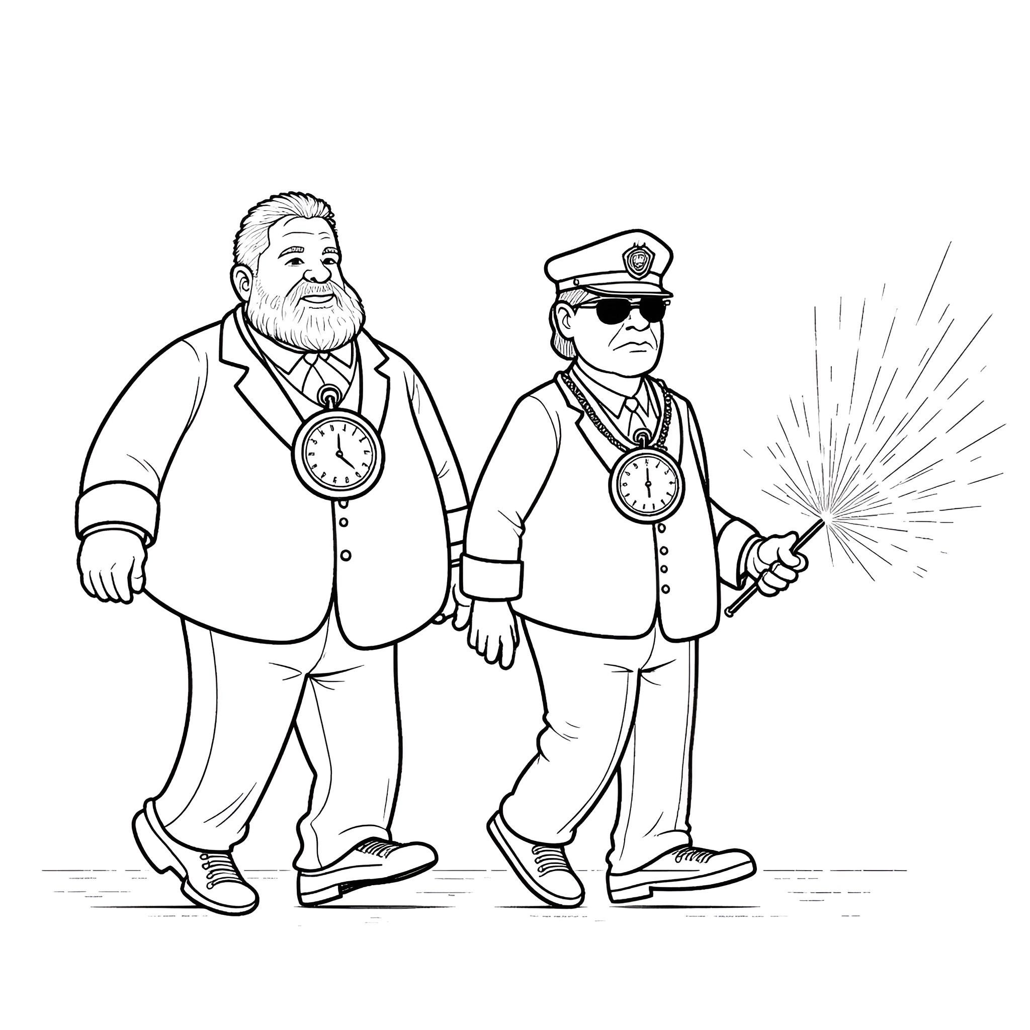 Man in suit and police officer with watches Coloring Page (free black-and-white line drawing printable PDF for all, from beginners to advanced learners, including children, teens, adults, and seniors)