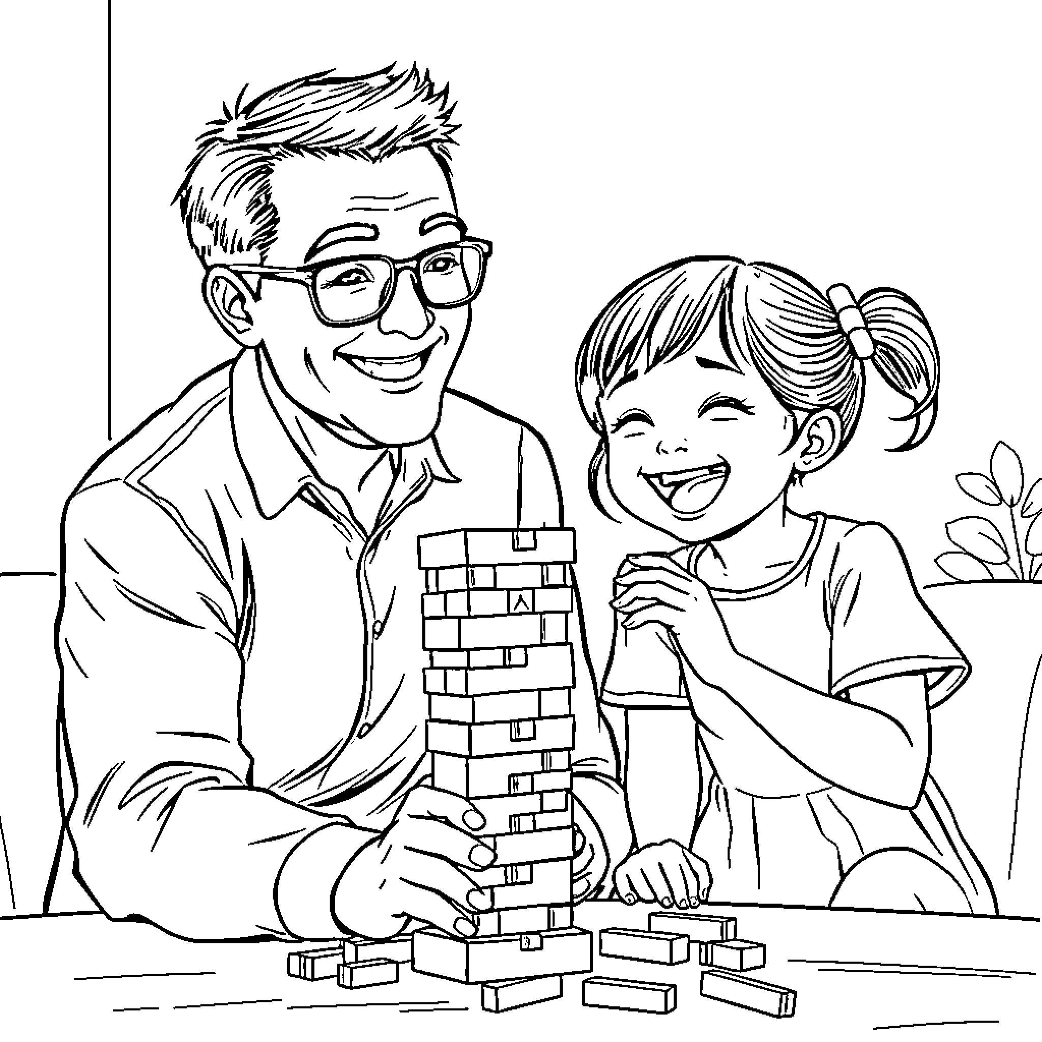 Man and child playing with blocks together Coloring Page (free black-and-white line drawing printable PDF for all, from beginners to advanced learners, including children, teens, adults, and seniors)