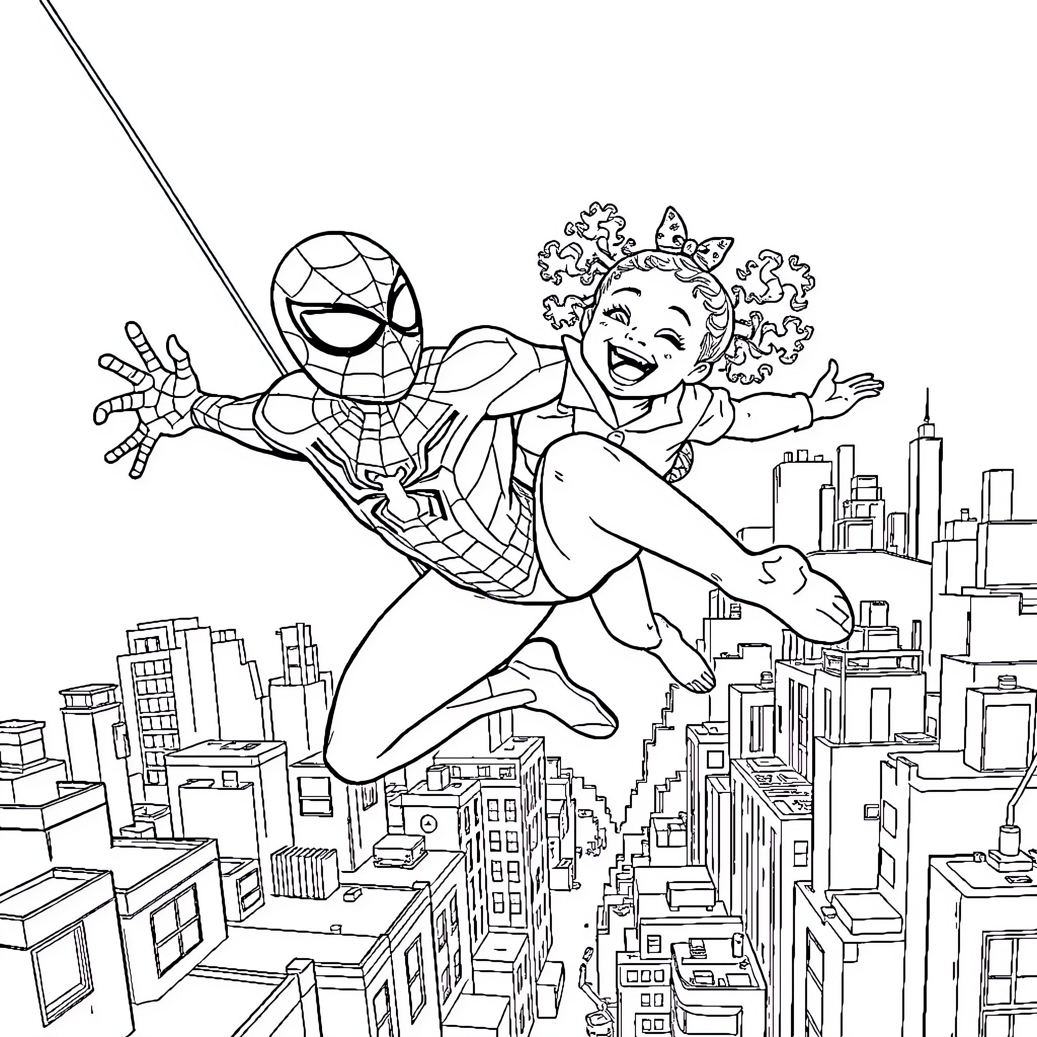 Spider-Man swinging joyfully through the city skyline Coloring Page (free black-and-white line drawing printable PDF for all, from beginners to advanced learners, including children, teens, adults, and seniors)