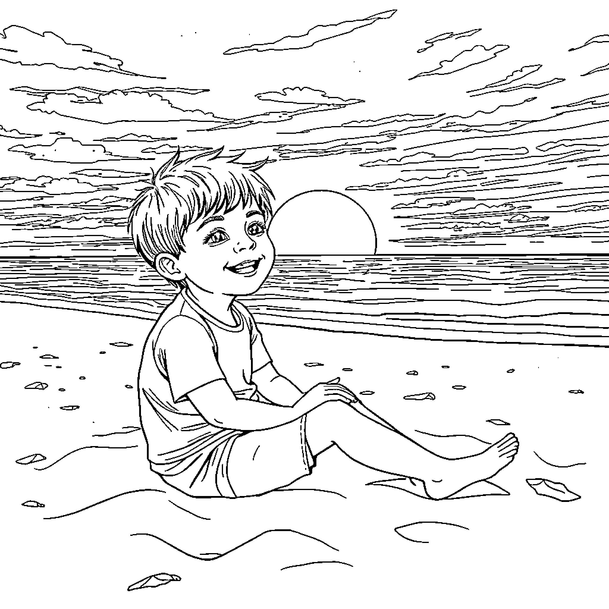 Child enjoying sunset at the beach Coloring Page (free black-and-white line drawing printable PDF for all, from beginners to advanced learners, including children, teens, adults, and seniors)