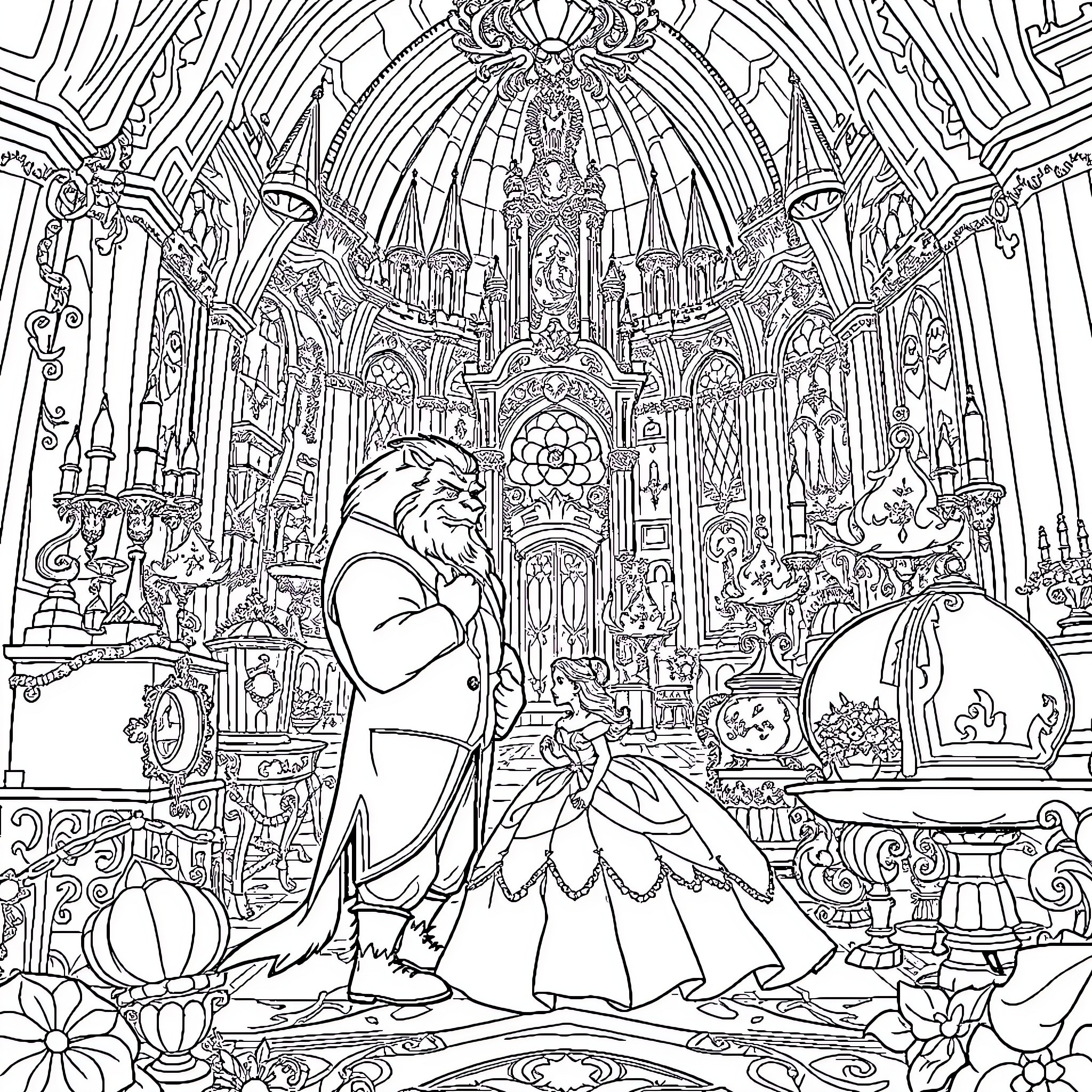 Beauty And The Beast Dancing In An Ornate Castle Coloring Page (free black-and-white line drawing printable PDF for all, from beginners to advanced learners, including children, teens, adults, and seniors)