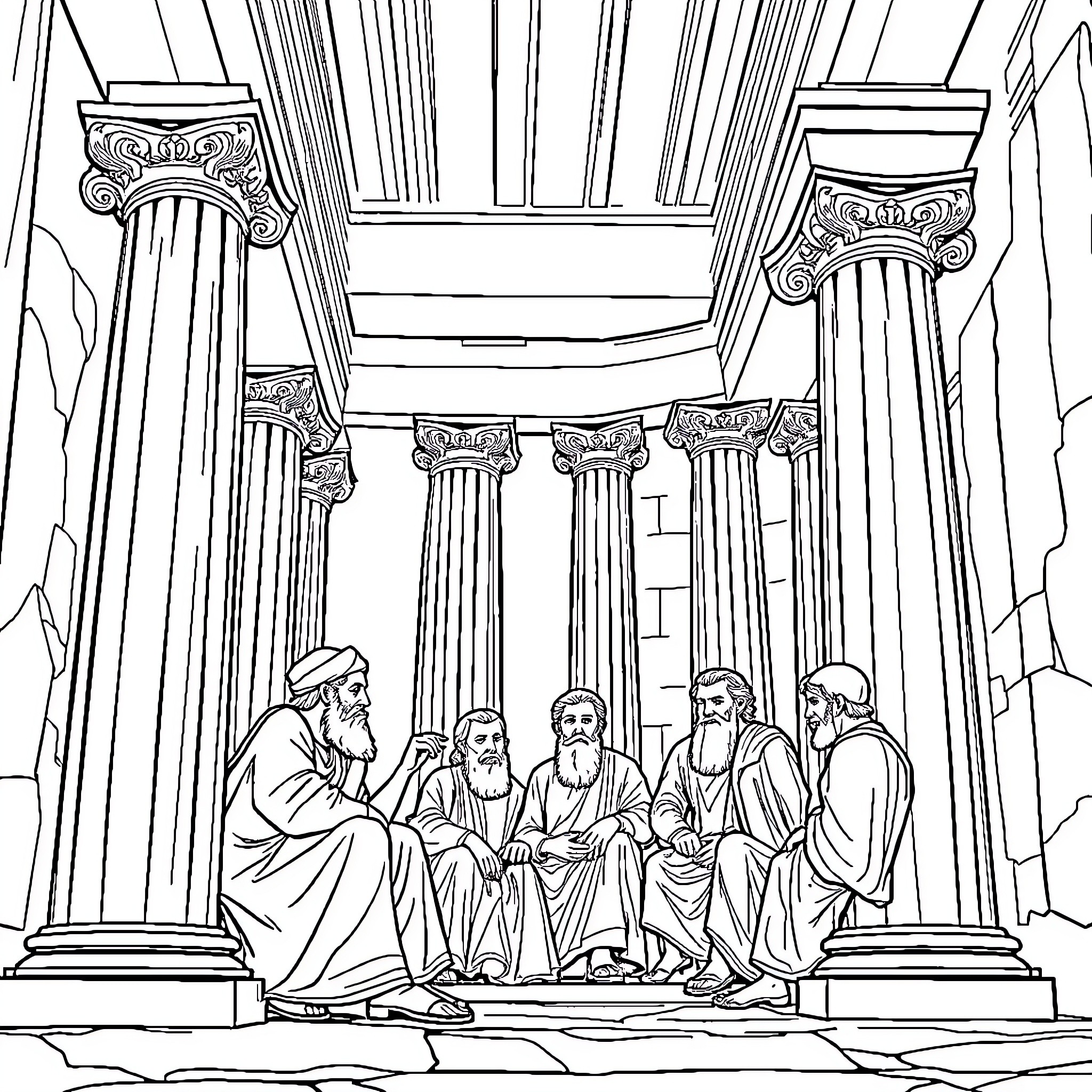 Philosopher Discussing with Students in Ancient Columns Coloring Page (free black-and-white line drawing printable PDF for all, from beginners to advanced learners, including children, teens, adults, and seniors)