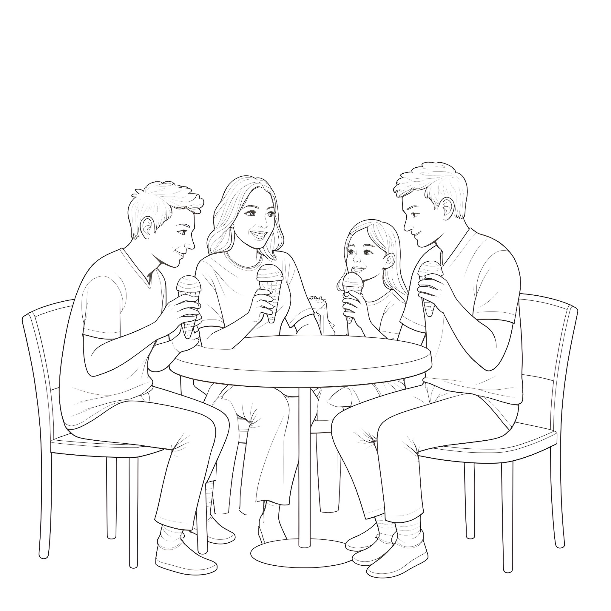 Family enjoying ice cream together at a cafe Coloring Page (free black-and-white line drawing printable PDF for all, from beginners to advanced learners, including children, teens, adults, and seniors)