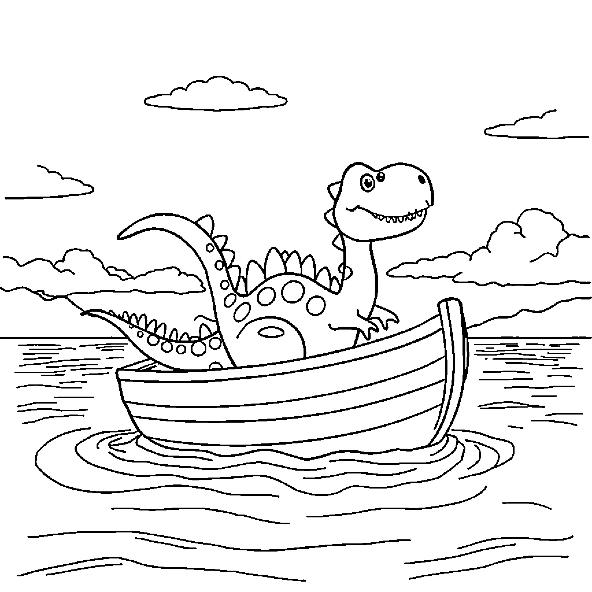 Dino sailing happily on a boat in the ocean Coloring Page (free black-and-white line drawing printable PDF for all, from beginners to advanced learners, including children, teens, adults, and seniors)
