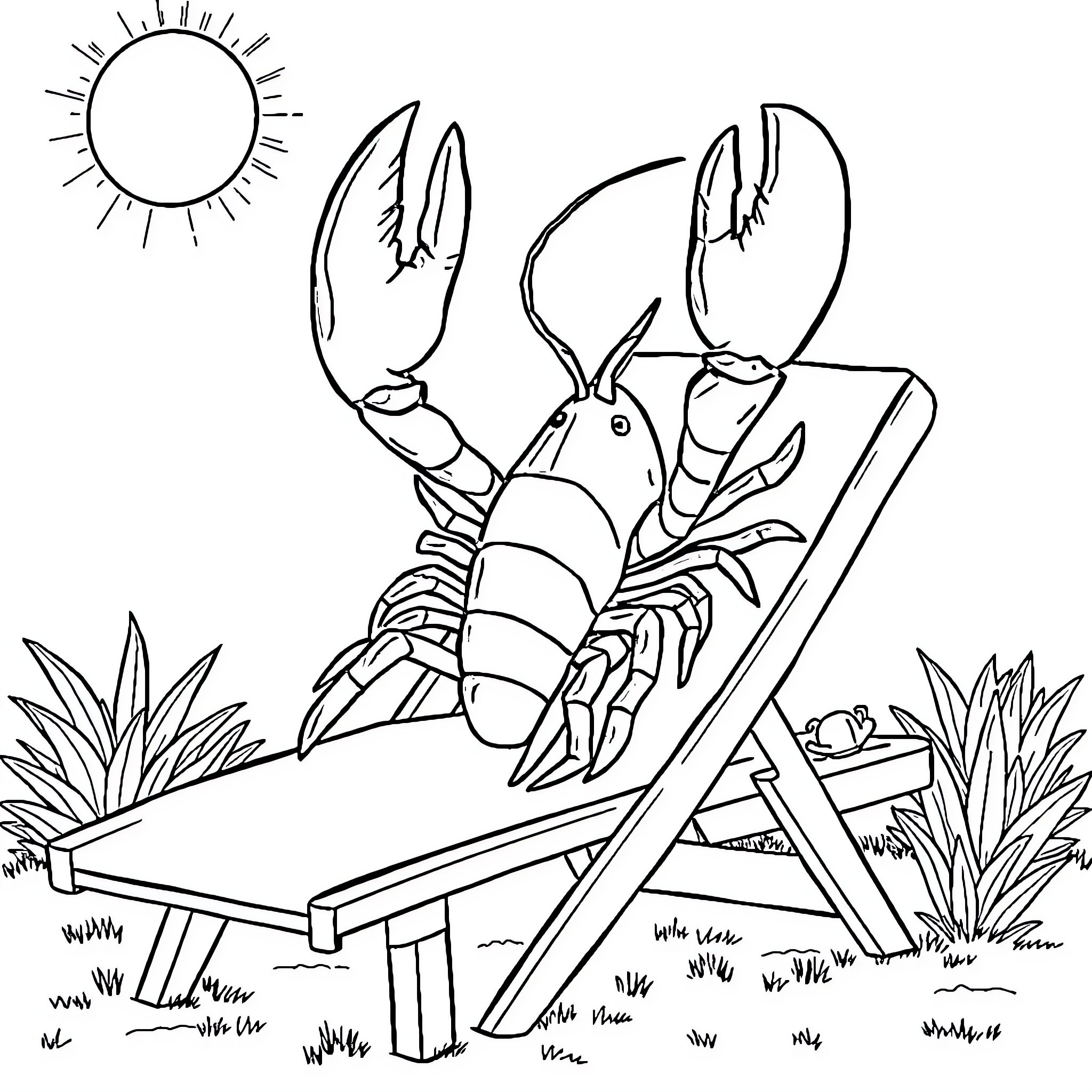 Lobster relaxing on a beach chair under the sun Coloring Page (free black-and-white line drawing printable PDF for all, from beginners to advanced learners, including children, teens, adults, and seniors)