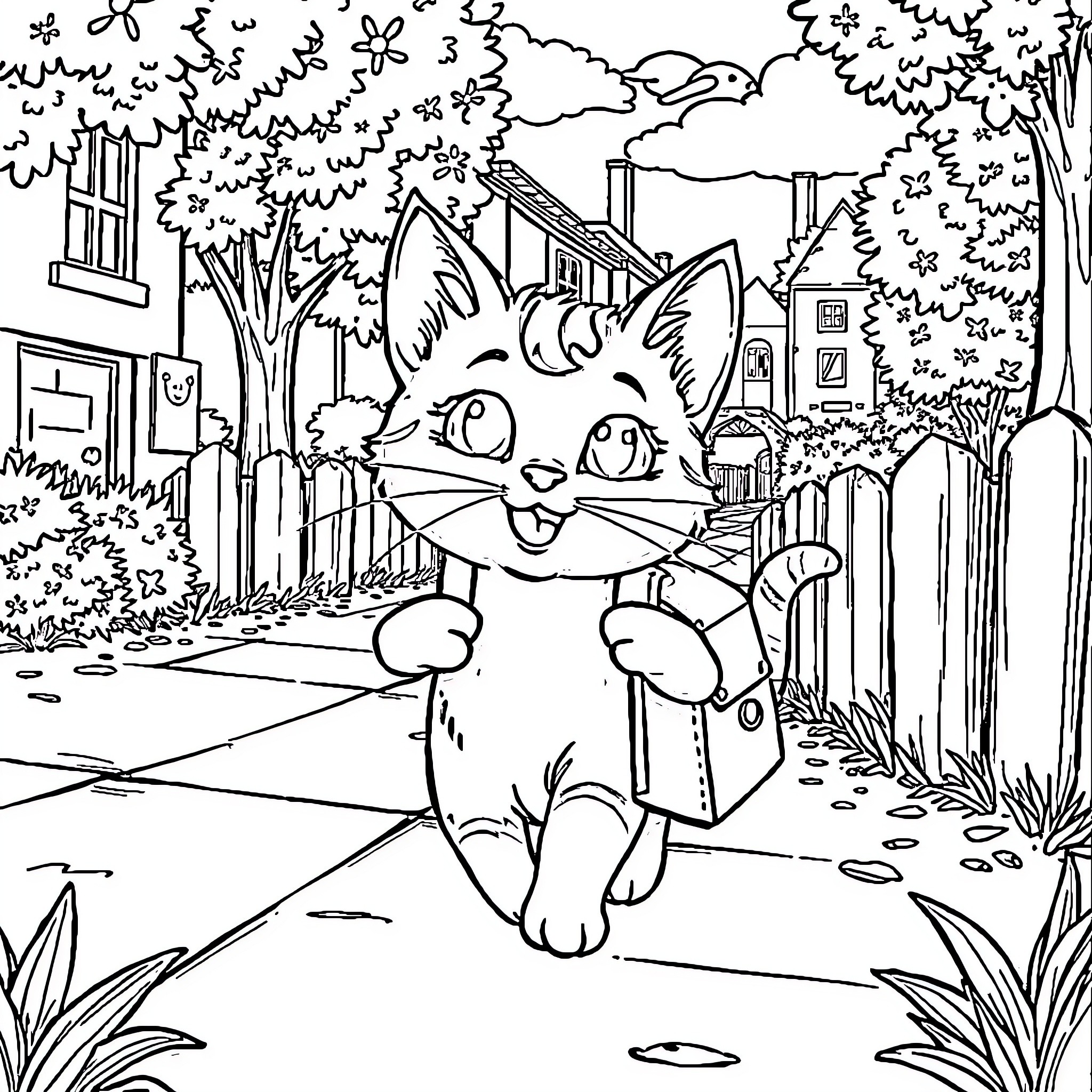 Gaby the Curious Kitty Explores the Neighborhood Coloring Page (free black-and-white line drawing printable PDF for all, from beginners to advanced learners, including children, teens, adults, and seniors)