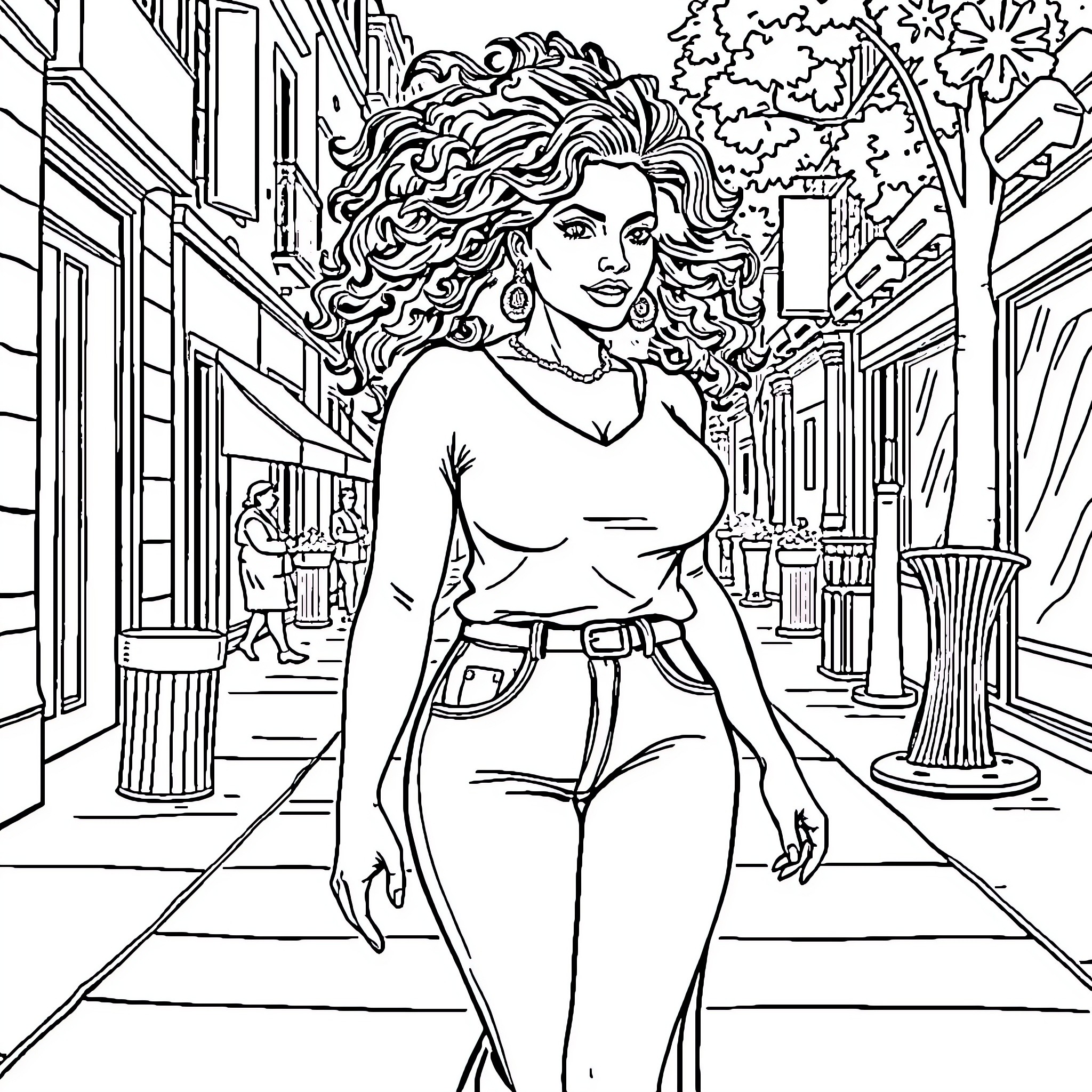Latina woman exploring the city streets Coloring Page (free black-and-white line drawing printable PDF for all, from beginners to advanced learners, including children, teens, adults, and seniors)
