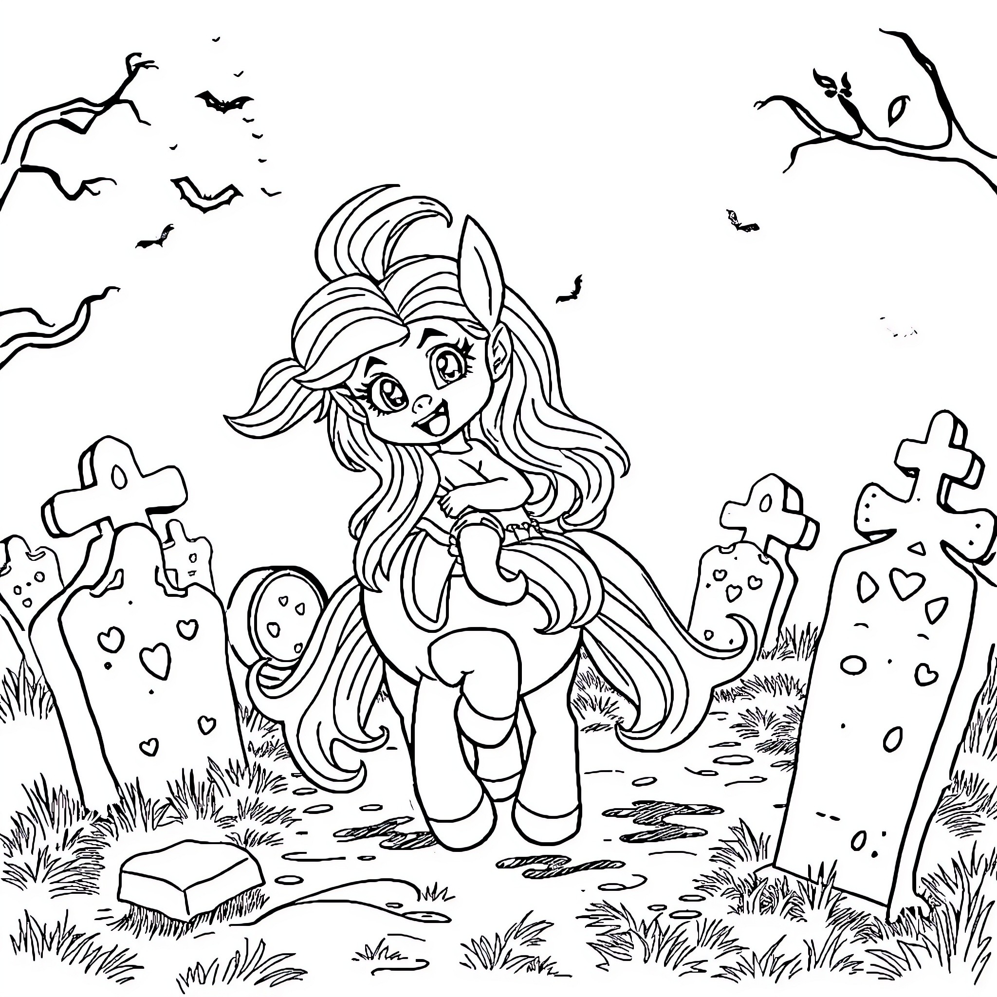 Troll exploring a spooky graveyard scene Coloring Page (free black-and-white line drawing printable PDF for all, from beginners to advanced learners, including children, teens, adults, and seniors)
