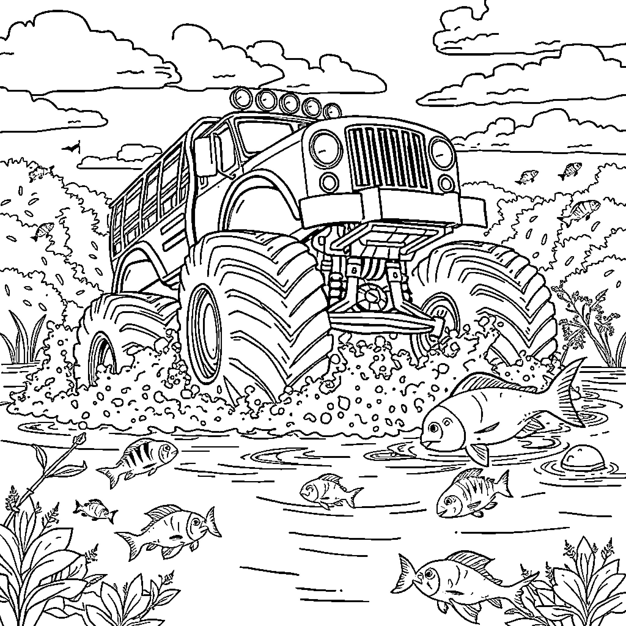 Monster Truck Crushing Fish in the Mud Coloring Page (free black-and-white line drawing printable PDF for all, from beginners to advanced learners, including children, teens, adults, and seniors)