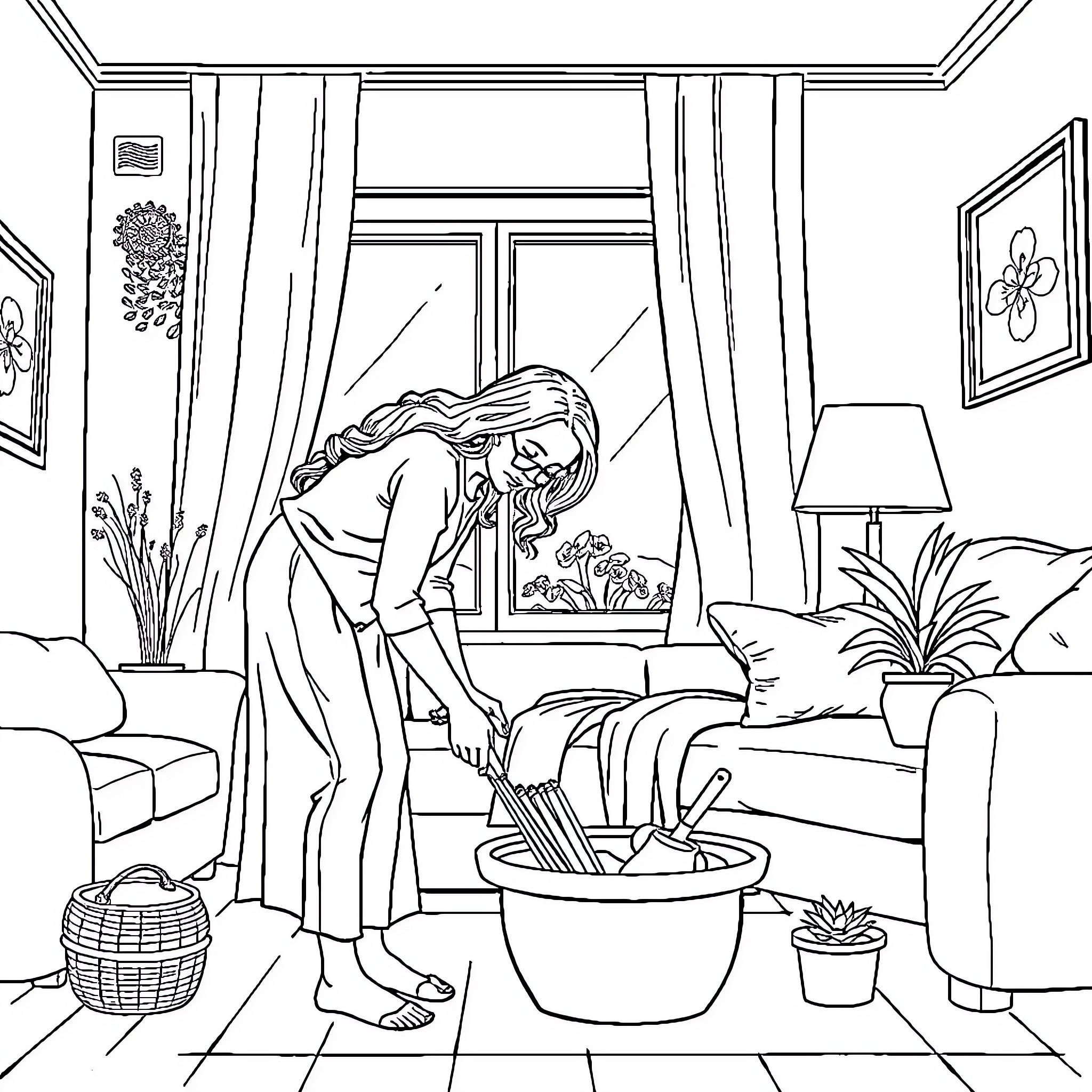 Mom doing laundry in peaceful home setting Coloring Page (free black-and-white line drawing printable PDF for all, from beginners to advanced learners, including children, teens, adults, and seniors)