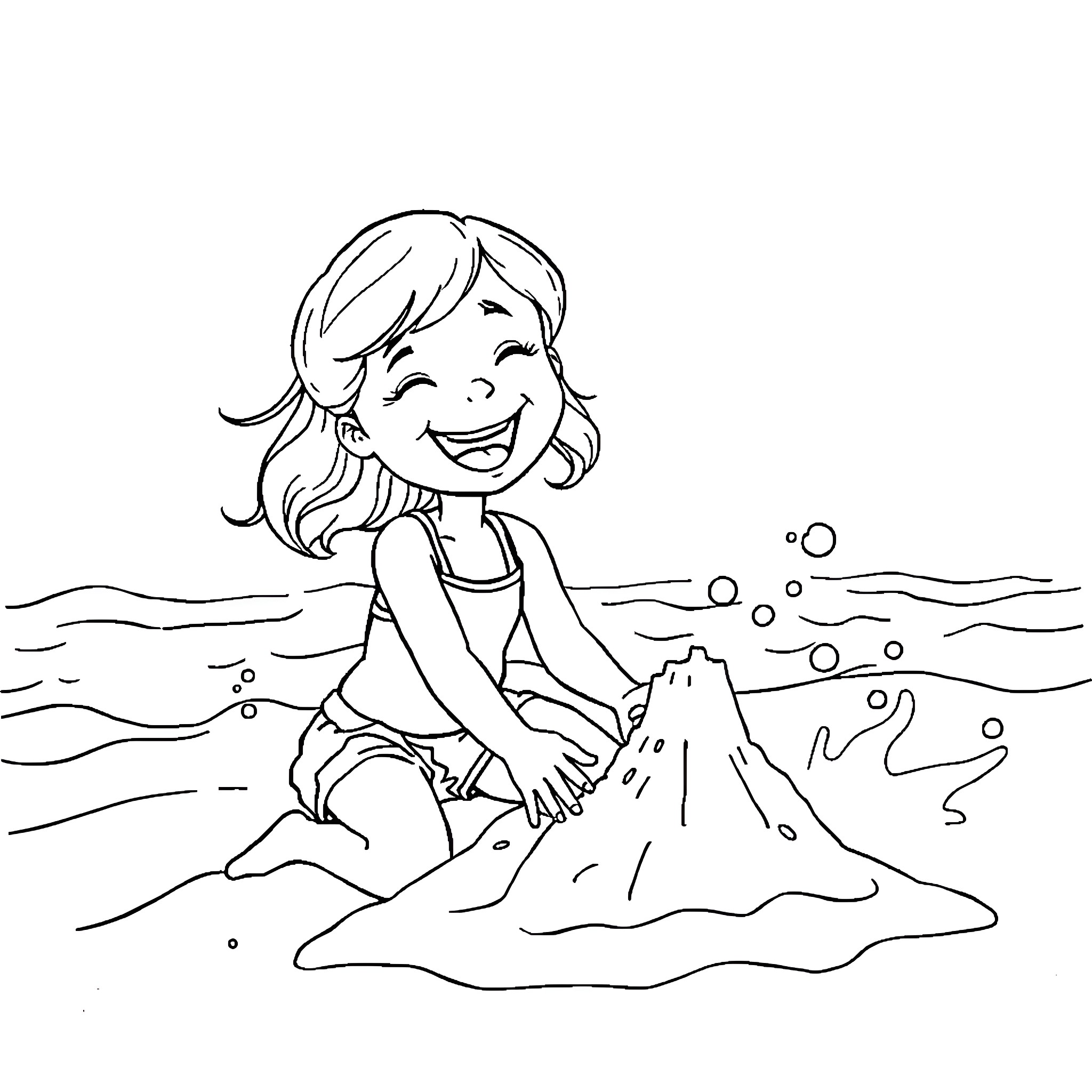 Beach Girl Playing in the Waves Coloring Page (free black-and-white line drawing printable PDF for all, from beginners to advanced learners, including children, teens, adults, and seniors)