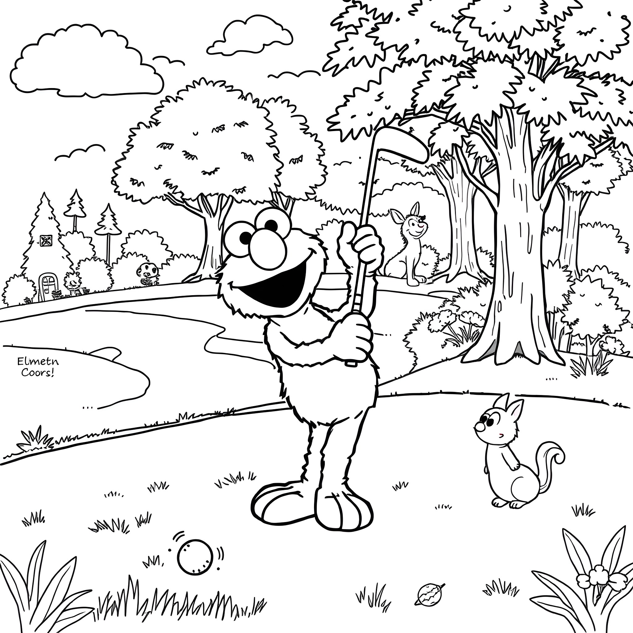 Elmo exploring the whimsical forest with animal friends Coloring Page (free black-and-white line drawing printable PDF for all, from beginners to advanced learners, including children, teens, adults, and seniors)