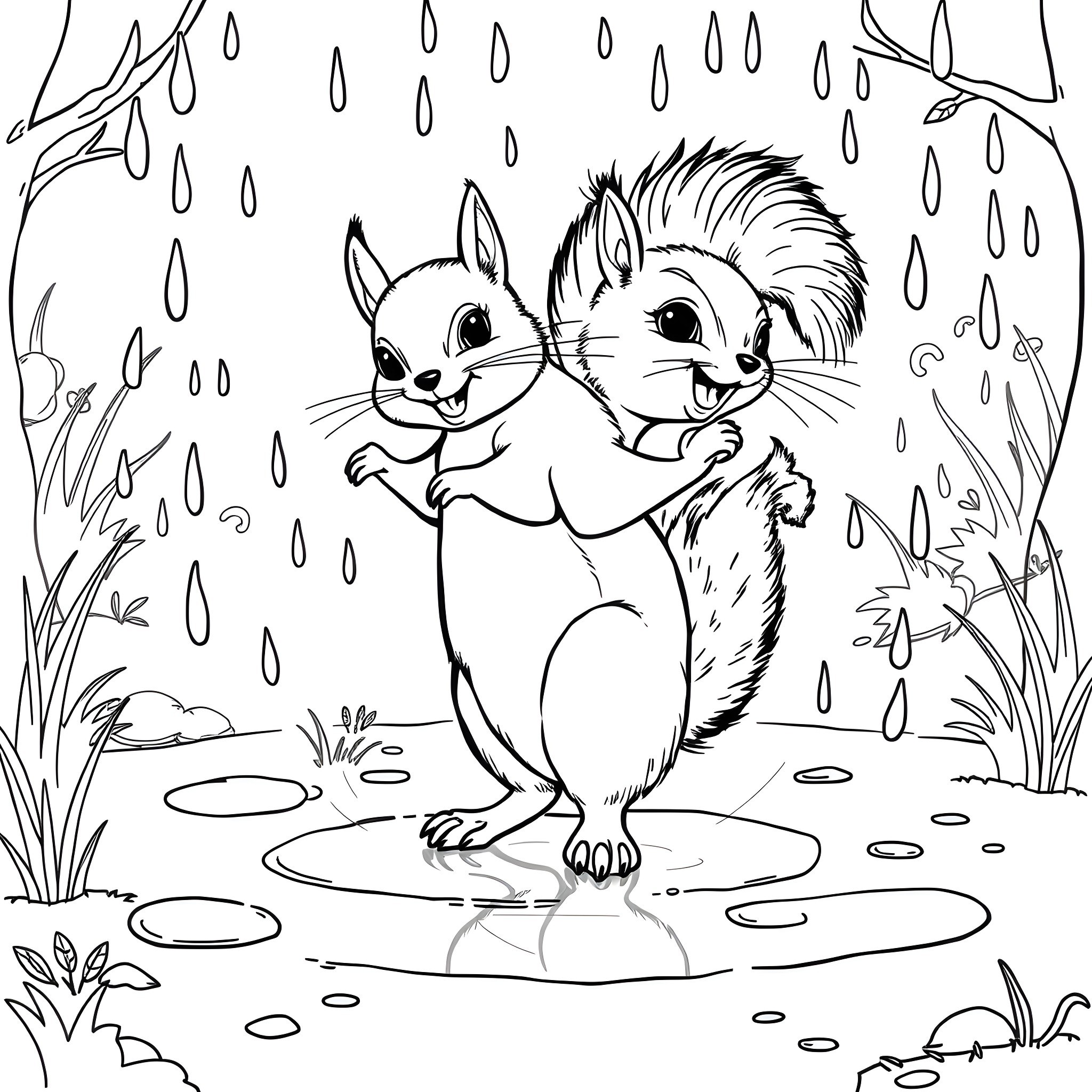 Squirrels playing in the rain Coloring Page (free black-and-white line drawing printable PDF for all, from beginners to advanced learners, including children, teens, adults, and seniors)